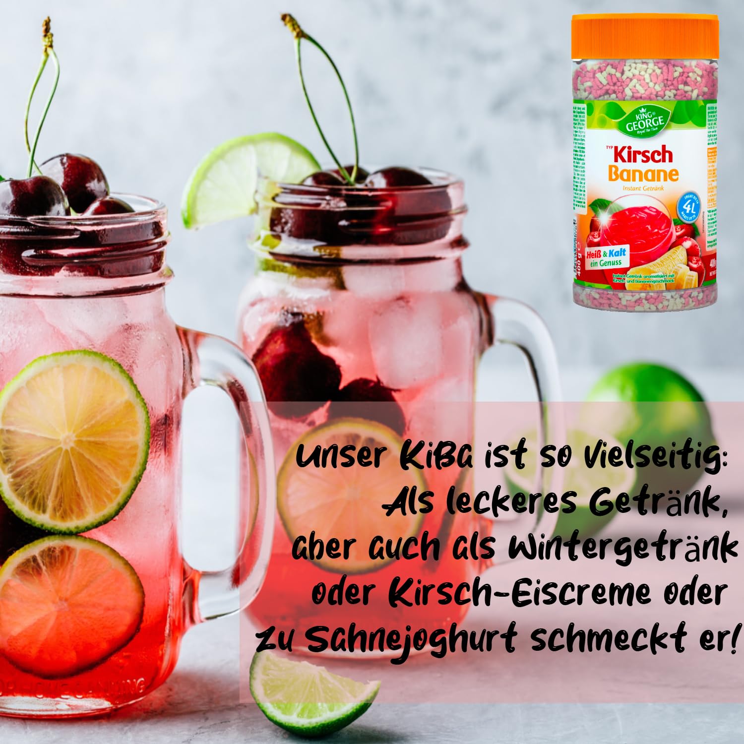 KING GEORGE - Chersch Banan 12 x 400 g – Instant Mrożona herbata napój mieszany z witaminą C – letnia przyjemność – opakowanie korzystne – napoje w proszku, napój orzeźwiający dla rodziny, pracowników