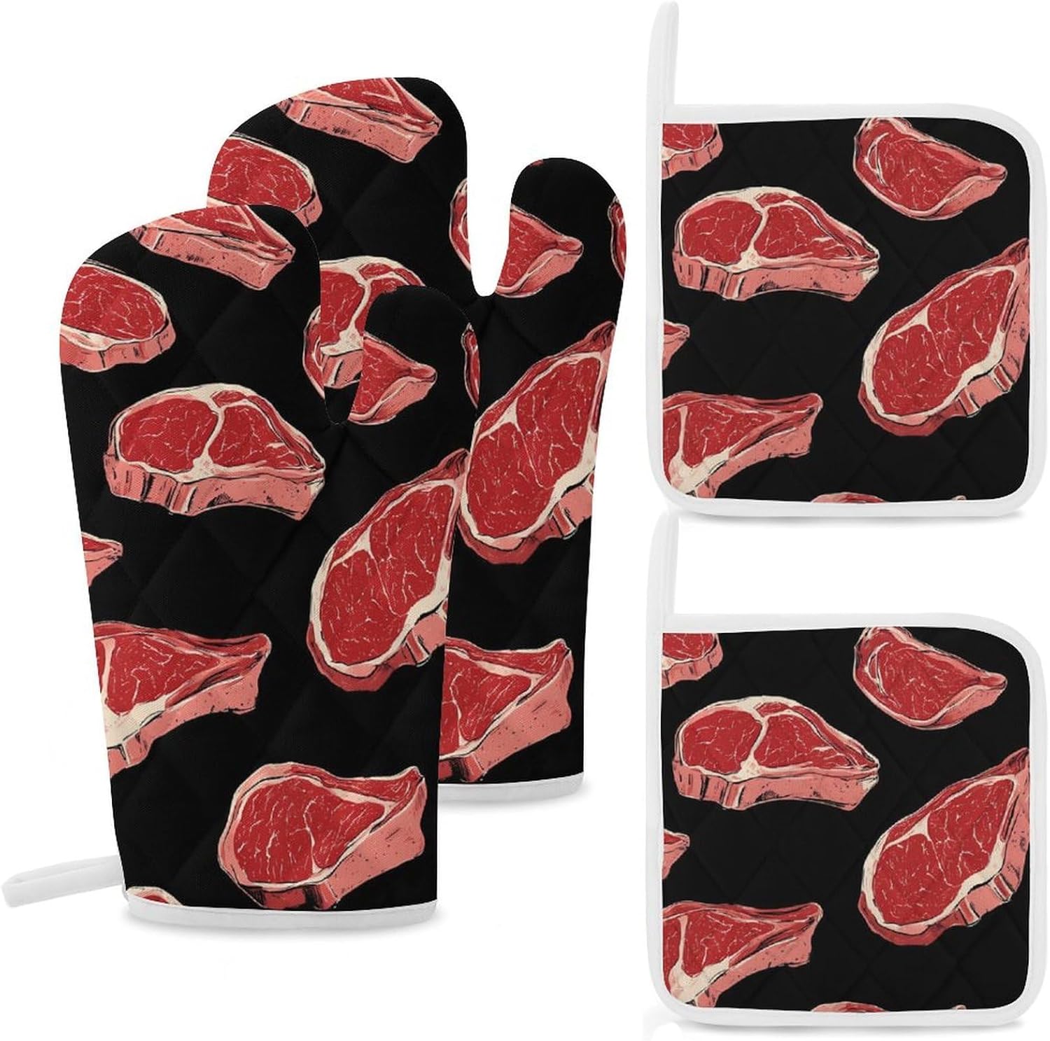 Meat Red Steaks Oven Mitts and Pot Holders 4Pcs Set Heat Resistant Cooking Mitts Hot Pads