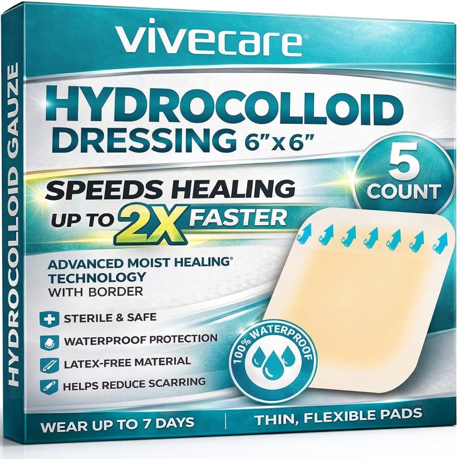 ViveCare Hydrocolloid Dressing 6x6 (5 Pack) - Large Sterile Bandages - Wound & Pressure Sore Fast Healing Patch - Waterproof Dressing for Blisters, Burns, Bed Sores, Cysts, Cuts & Ulcers