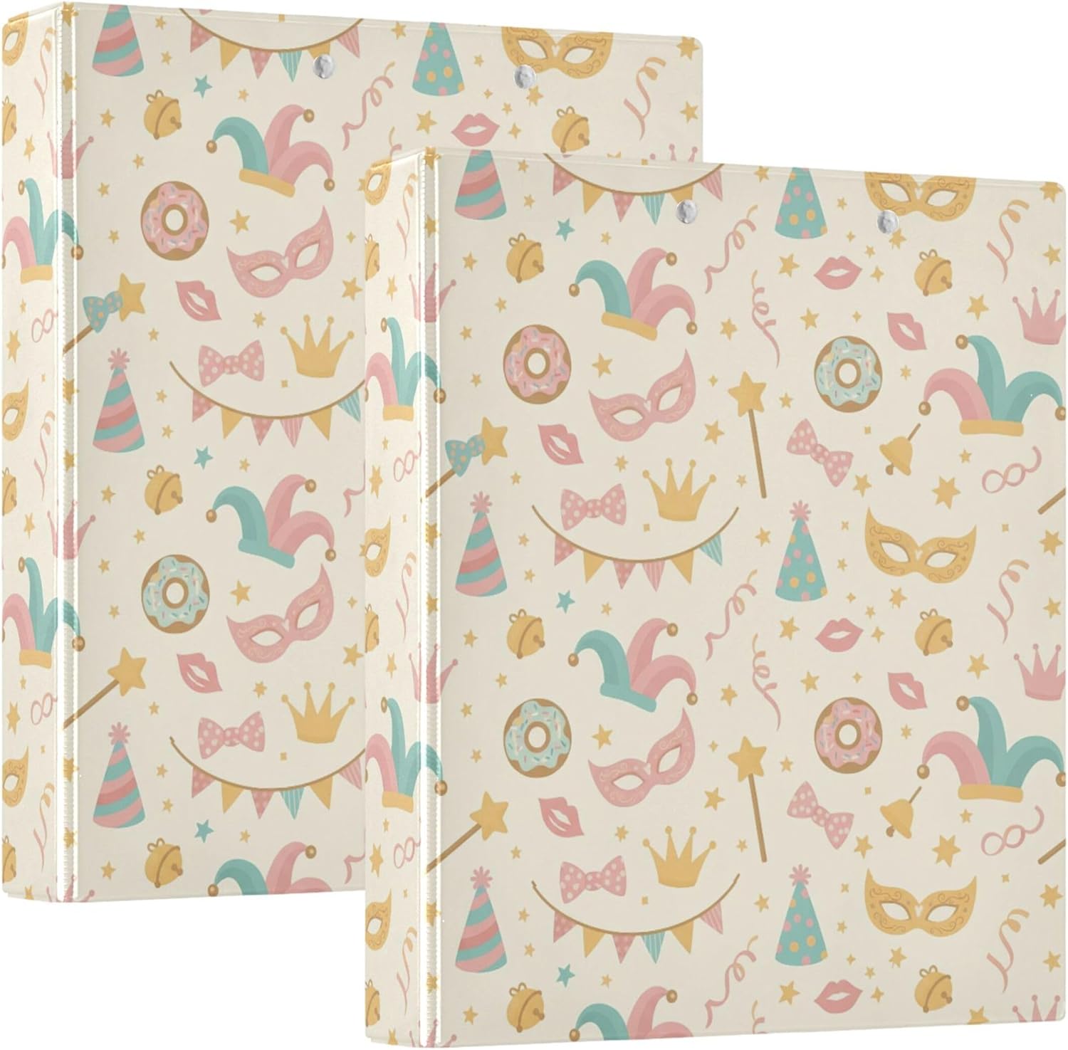 Mardi Gras Colorful Mask 3 Ring Binders, 1.5” Round Ring Binders with Clipboard - Letter Size, 3 Interior PVC Clear Pockets & Anti-Slip Clip for Office School Supplies, 2PCS
