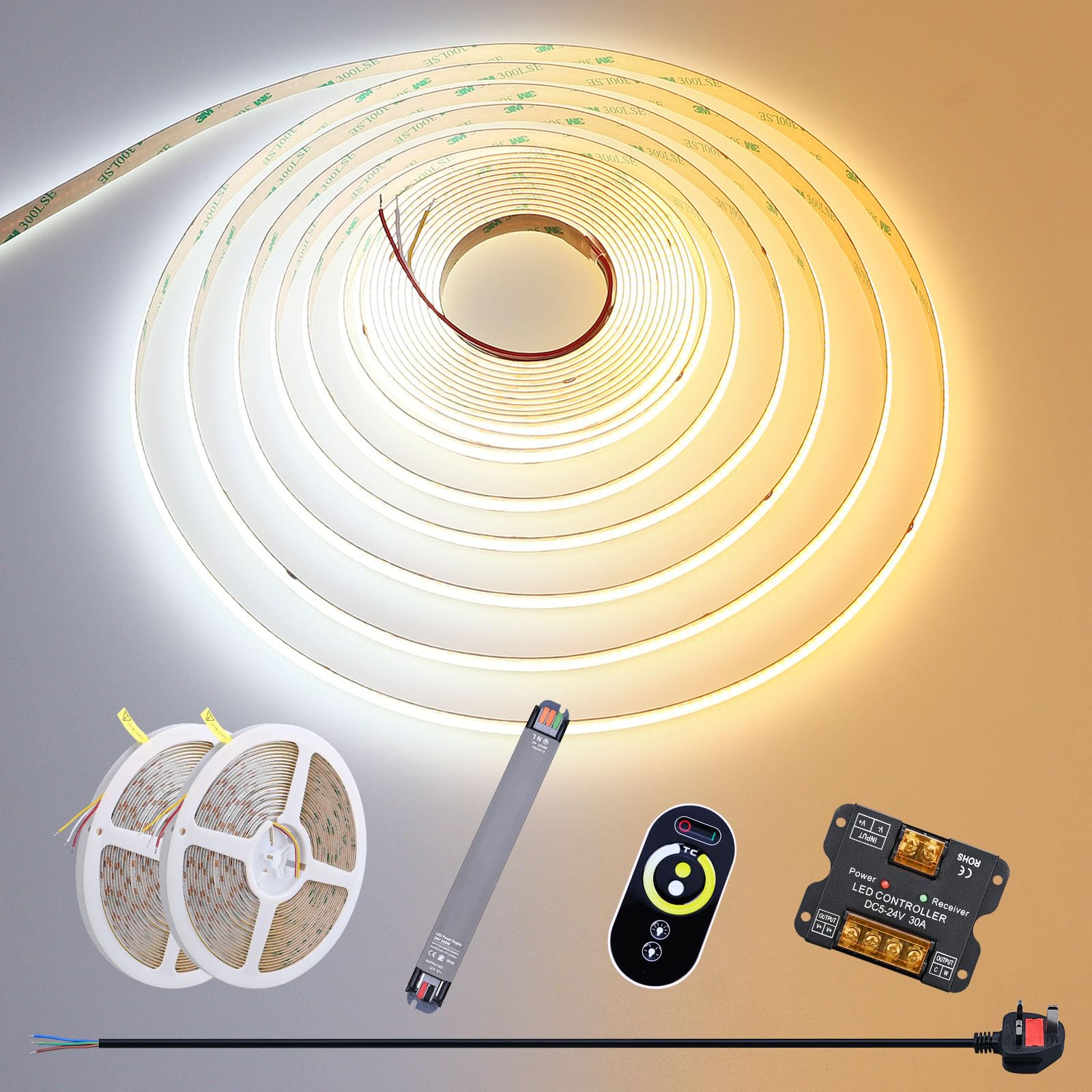 Goming Cct Cob Led Strip Light 24V 20M(2X10m) 2700K-6500K Tunable White Dimmable With 24V 200W Power Supply And Controller 576Leds/M Cri 93+ Flexible Ip20 Not Waterproof Led Tape Lights For Home Decor