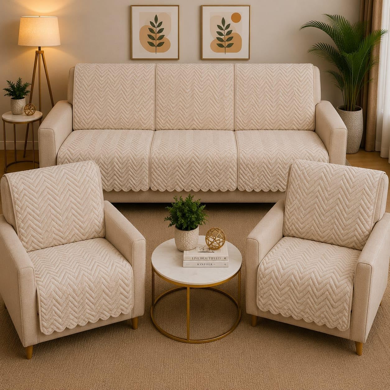 Quilted Sofa Cover Set 5 Seater for Living Room - 3 Seater & 1+1 Seater Sofa Slip Covers for Home - Premium Furniture Protector Panels for Sofa Couch Office, 10 Pieces - Beige-image-36