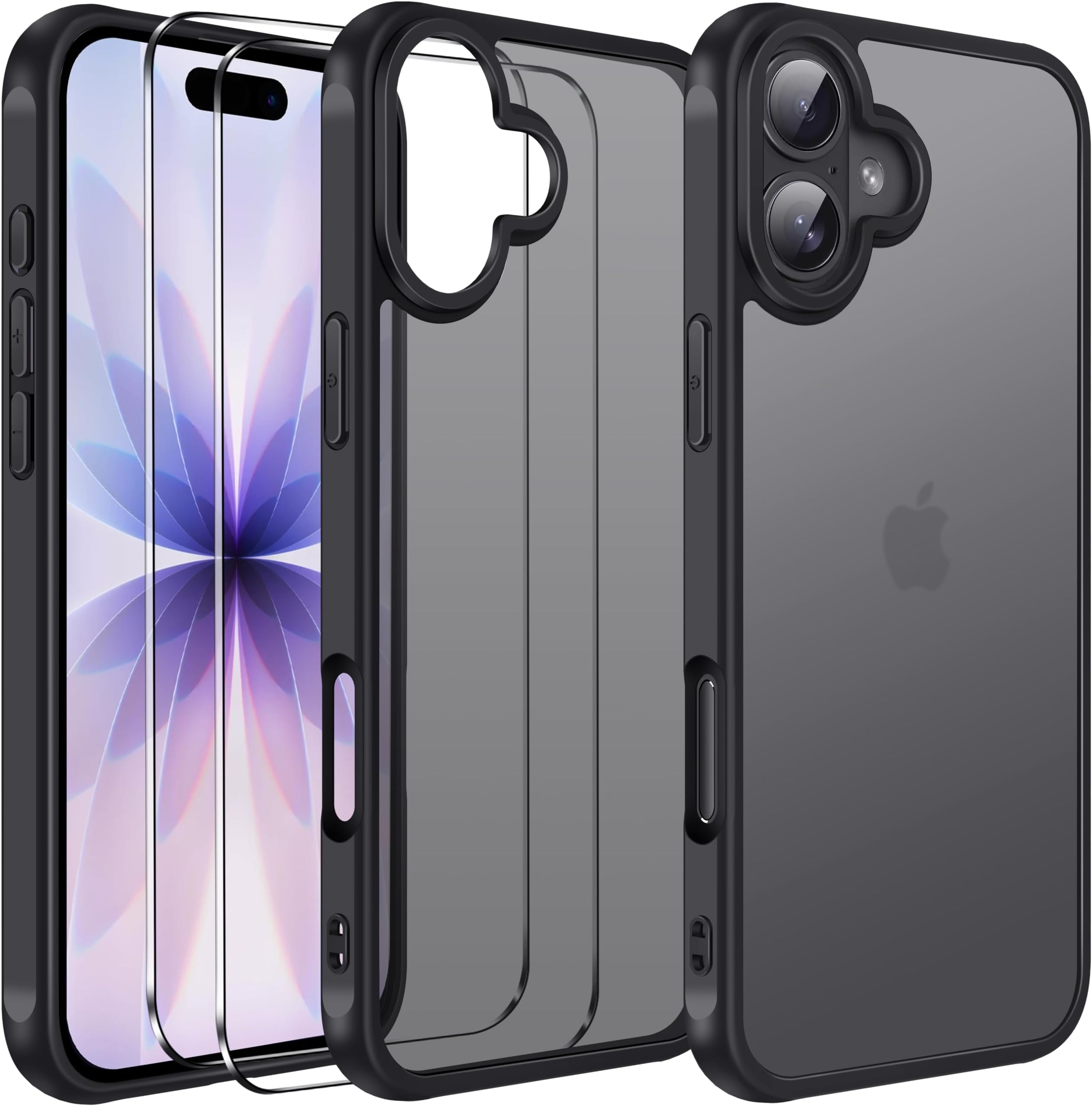 ivoler 3-in-1 Case for iPhone 17 6.3" 2025 with 2 Pack Tempered Glass Screen Protector [Military Grade Protection], Frosted Translucent Back for iPhone 17 Cover- Black
