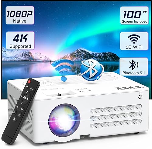 TMY Proyector con WiFi y Bluetooth【Pantalla de 100 pulgadas incluida】Proyector nativo 1080P para exteriores, proyector portátil compatible con 4K,