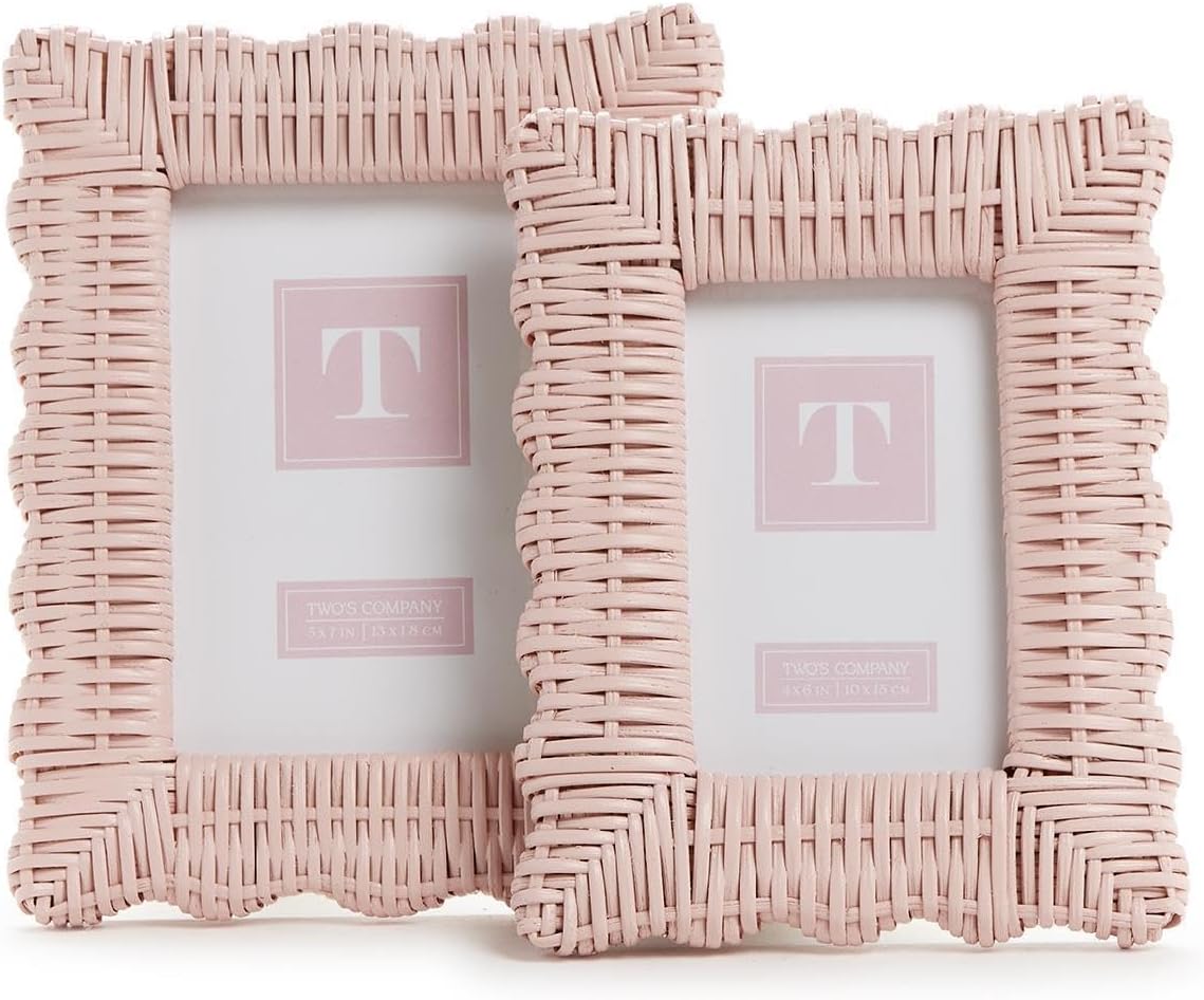 Two's Company Set of 2 Rattan Photo Frames, Includes 4x6 and 5x7 Inch Sizes, Artisan Crafted, Home Decor Accessories (Pink Wicker Weave)