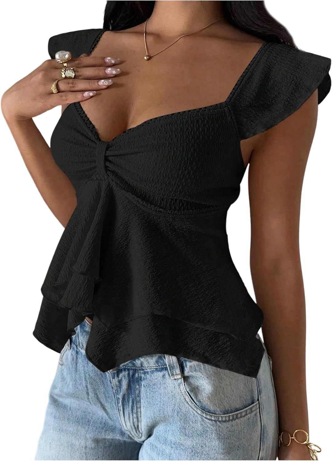 Milumia Women's Textured Peplum Tank Tops Y2k Ruffle Hem Cap Sleeve Sweetheart Neck Flowy Going Out T-Shirt