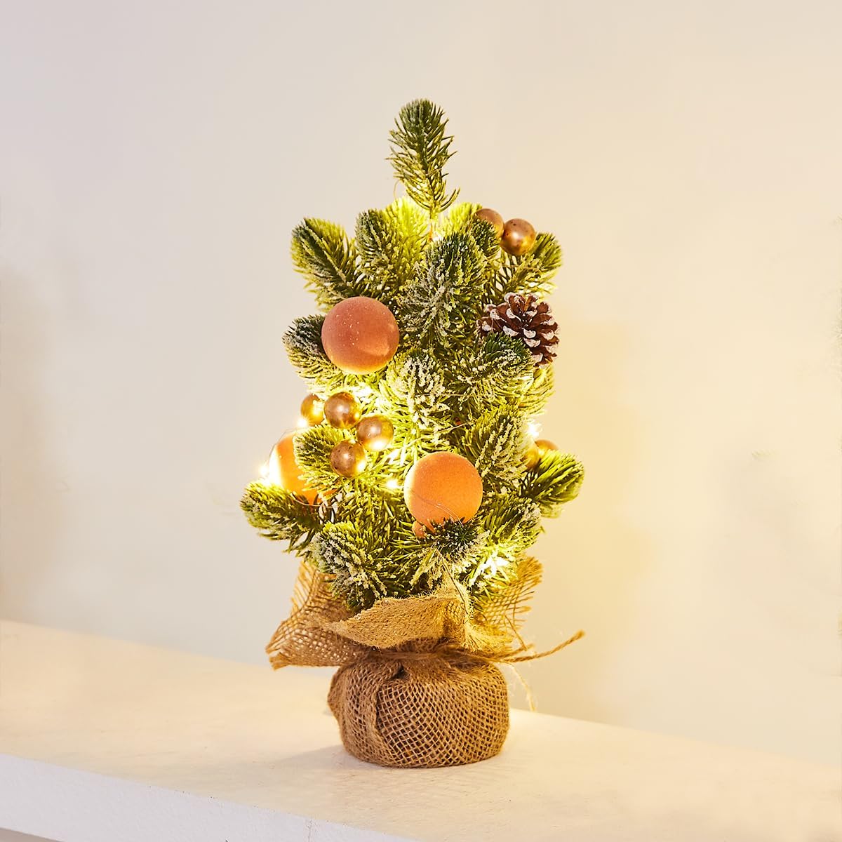 Burlap Small Christmas Tree Decor with Lights - Mini Tabletop Artificial Tree Centerpiece for Indoor Home Office Desk Holiday Decorations(Gold Ornament)