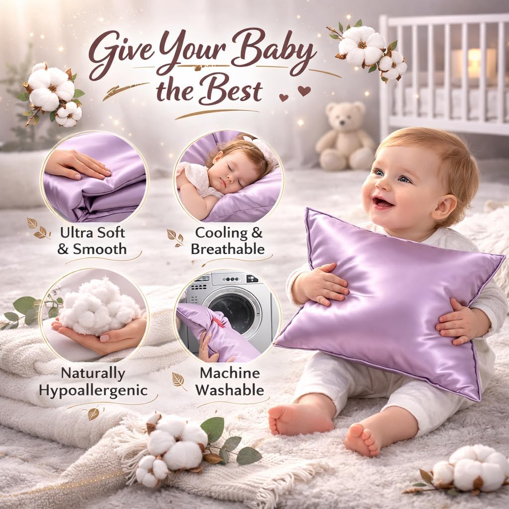 Organic Mulberry Silk Baby Pillowcase with Zipper, 10"x13" Toddler Pillow Cover – Hypoallergenic, Soft for Kids Hair & Skin, for Boys & Girls, Great for Travel & Crib (Pastel Mauve Plum with Pillow)
