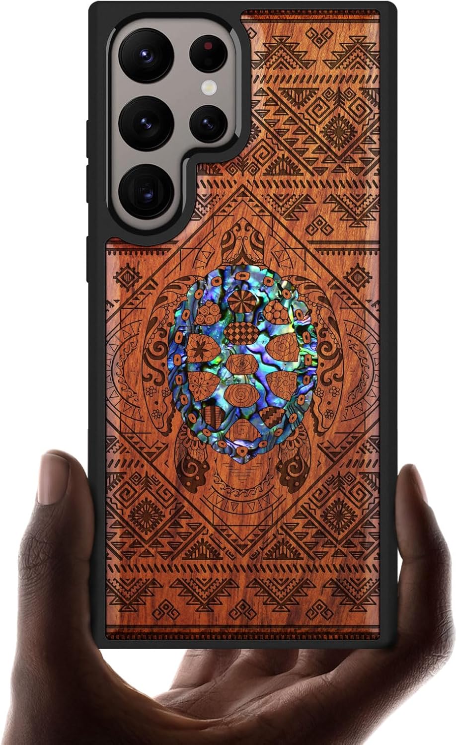Carveit Designer Wooden Case for Samsung Galaxy S24 Ultra - Wood Engraving & Shell Inlay - Compatible with Wireless Chargers - S24 Ultra Case (Perching Crow-Blackwood)