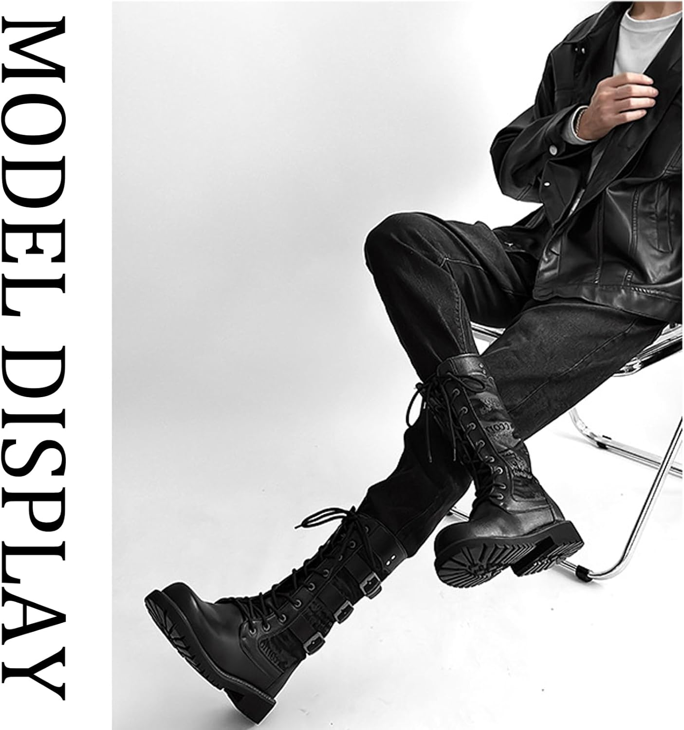 Men'S Black Leather Platform Combat Boots Retro Round Toe Multi-Buckle Chunky Lug Sole Lace-Up Motorcycle Boots Comfortable Work Party Punk Ankle Boots