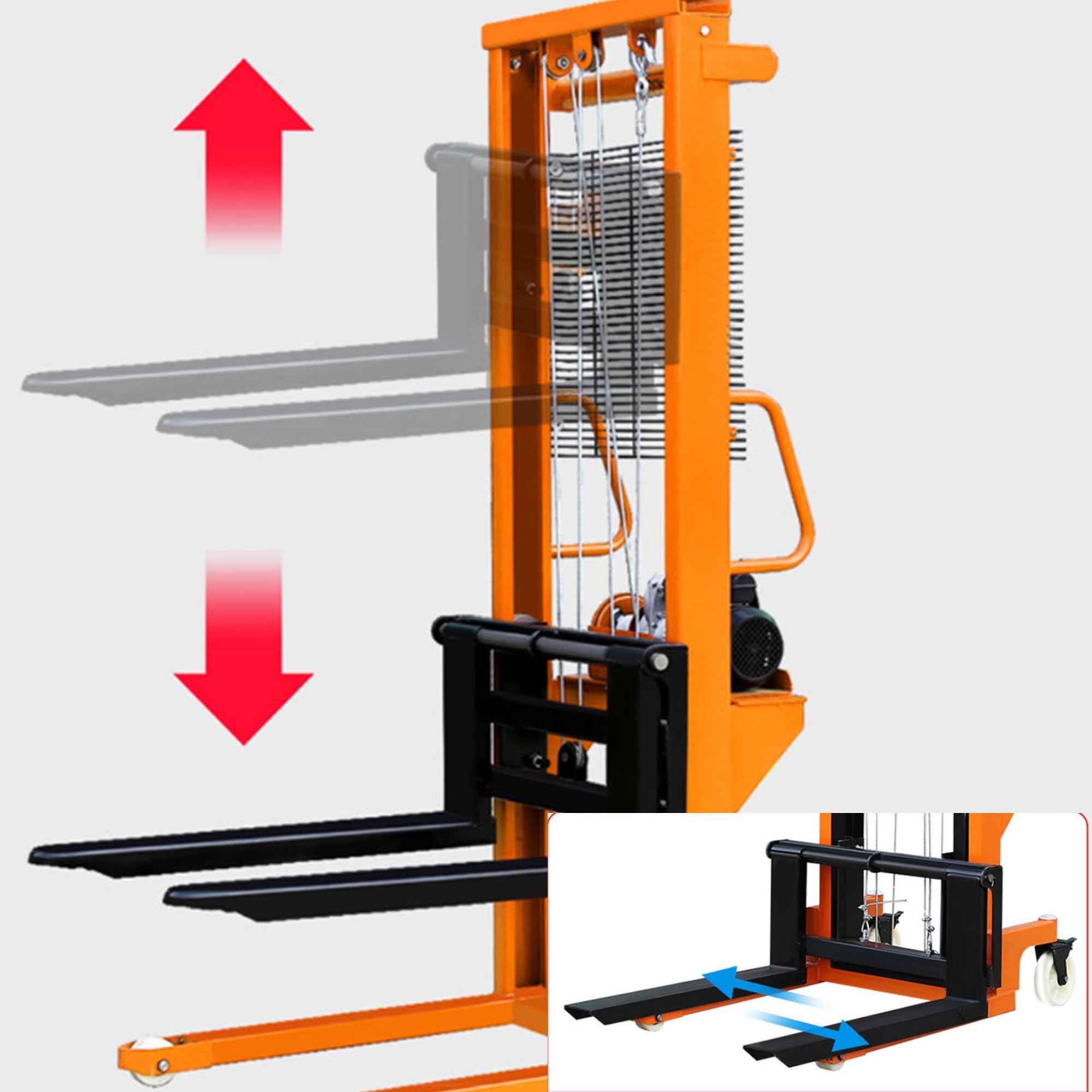 Carretilla elevadora manual con apilador manual | Elevador de material hidráulico de 4409 libras | Ruedas de nailon | con horquillas ajustables adecuadas(Lift height 160 cm/63”)
