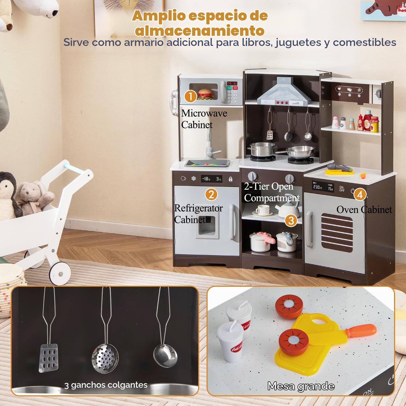 HOMASIS Juego de Cocina para niños, Cocina Infantil con Sonidos y Luces simuladas, teléfono, microondas, cafetera, heladera y Horno, Cocina de Juguete para niños de 3+ años, 110x43x92cm (Marrón)