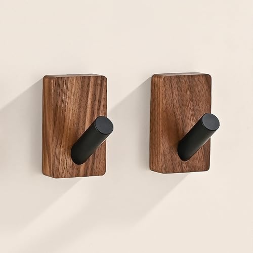 Miniatura 8 de Paquete de 4 Ganchos de Pared de Madera para Colgar, Montaje Adhesivo y Montaje en Pared, Ganchos Decorativos Boho de Madera de Nogal para Abrigos