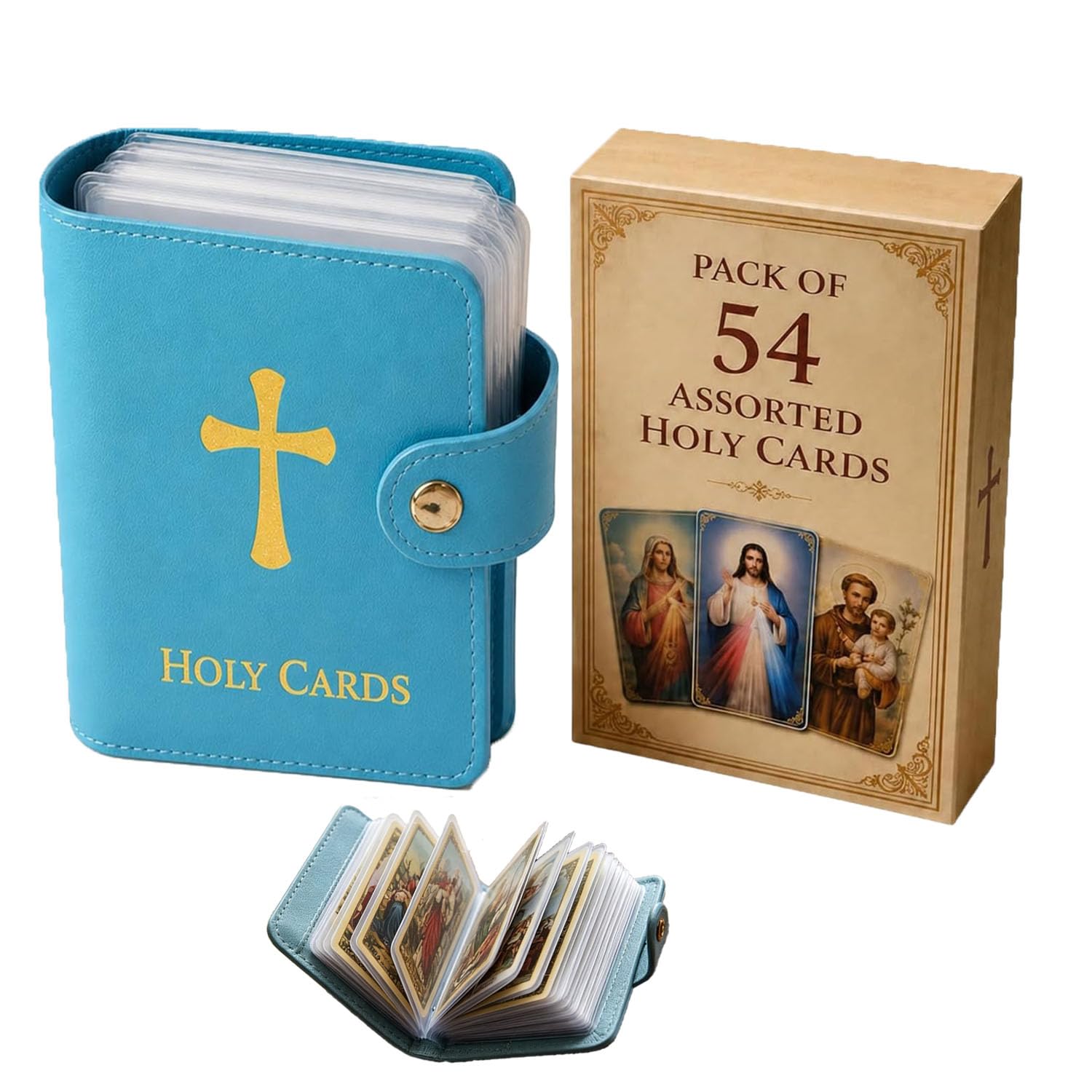 Catholic Holy Card Holder with 54 Prayer Cards, 2026 New Pocket Faux Leather Prayer Card Holder Book with Snap Button, Portable Holy Cards Holders Album for Religious Memorial (Blue)