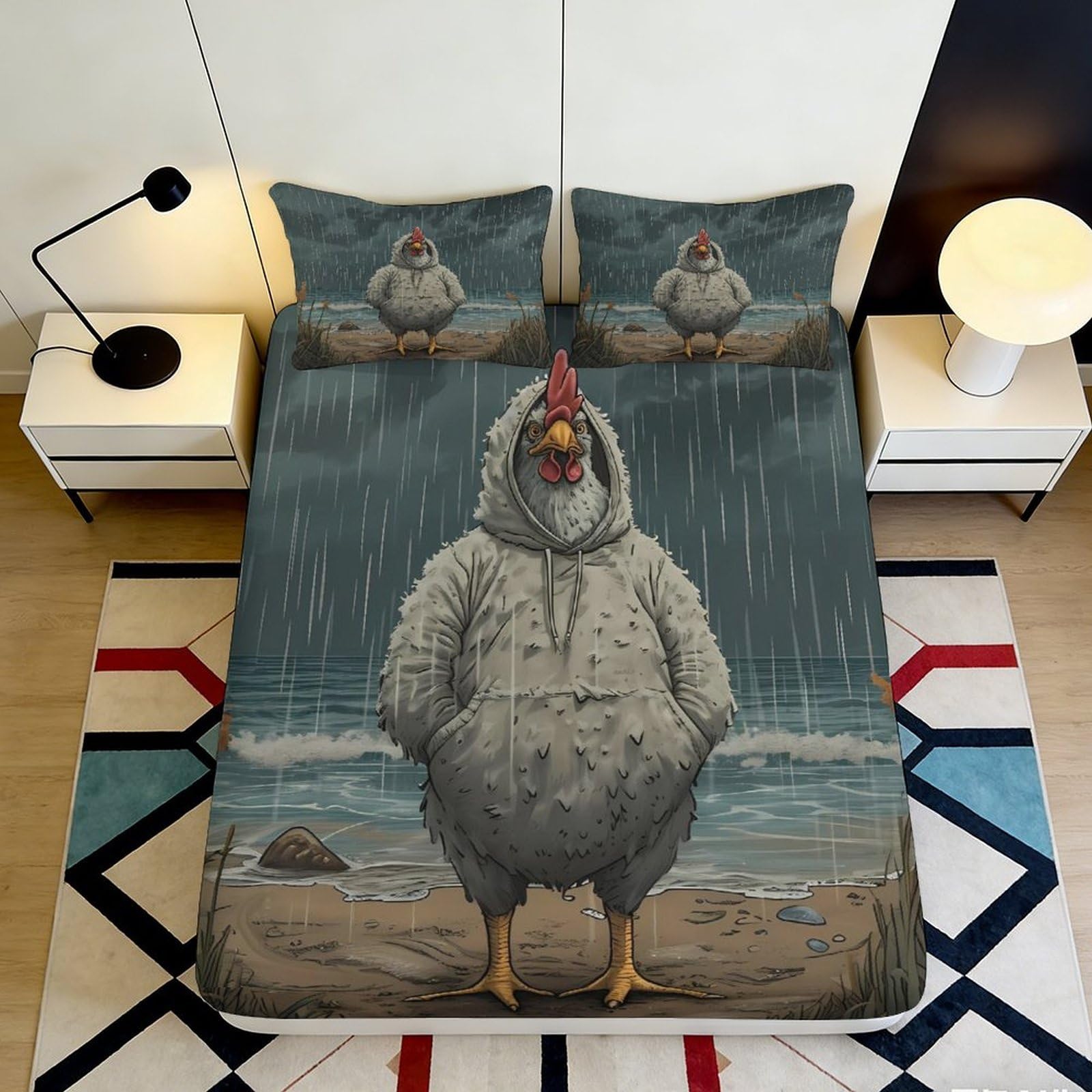 3D Printed Funny Chicken Fitted Sheet Microfiber Deep Pocket Anti-Slip Bedroom Bedding Set Washable Funny Chicken Mattress Fitted Cover 200x200x25cm