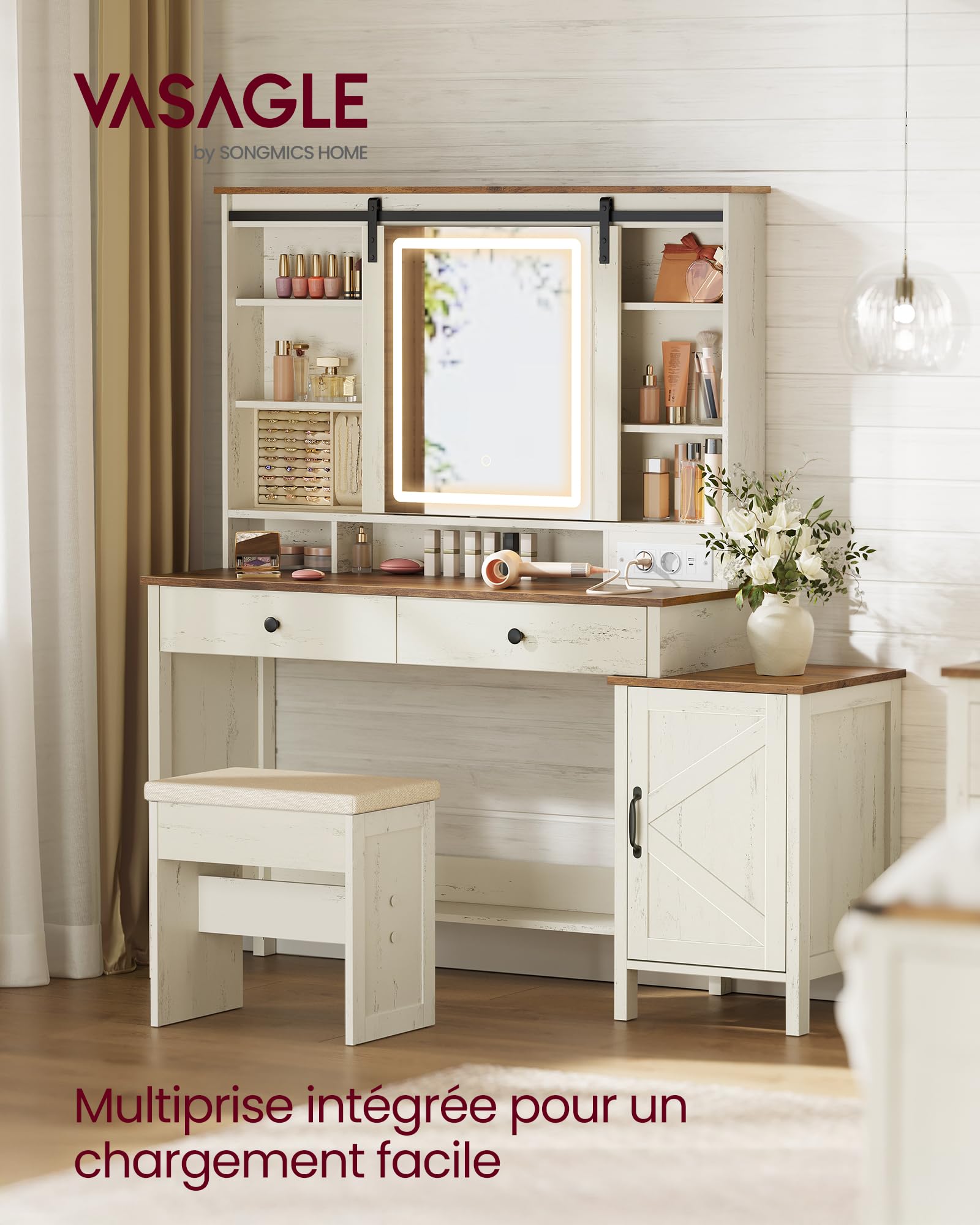 VASAGLE LIRY Collection – Coiffeuse avec Miroir et Éclairage, Style Ferme, avec Tabouret, Multiprise, 2 Tiroirs, Rangement pour Bijoux, Blanc Rustique et Marron Miel RDT136W01