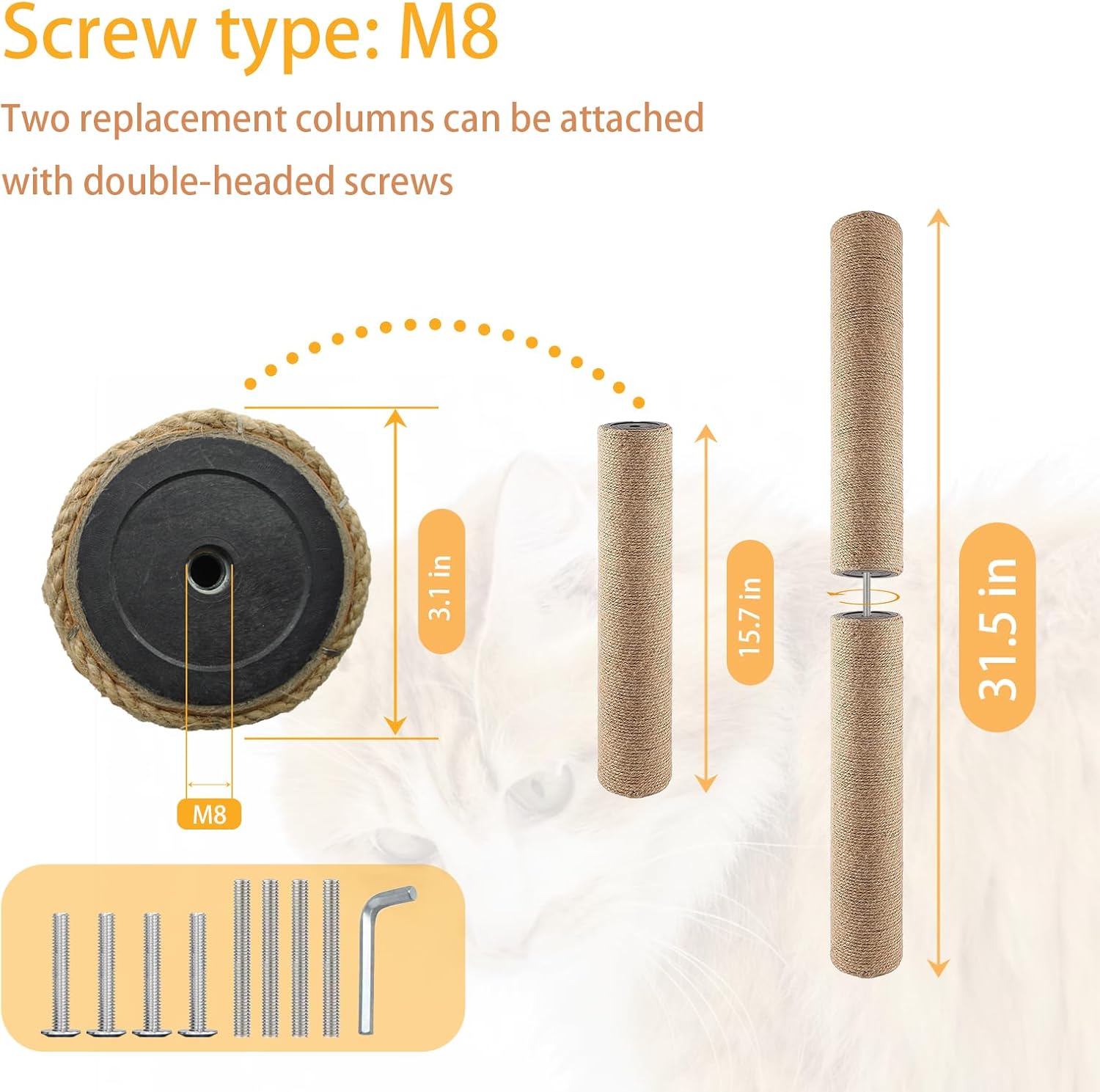 4 Pcs Cat Scratching Post Replacement for Indoor 15.7 x 3.1 Inches Cats Tree Replacement Parts Natural Jute Pole Part Cat Scratch Posts Refill with M8 Screws Spare Cat Furniture Accessories