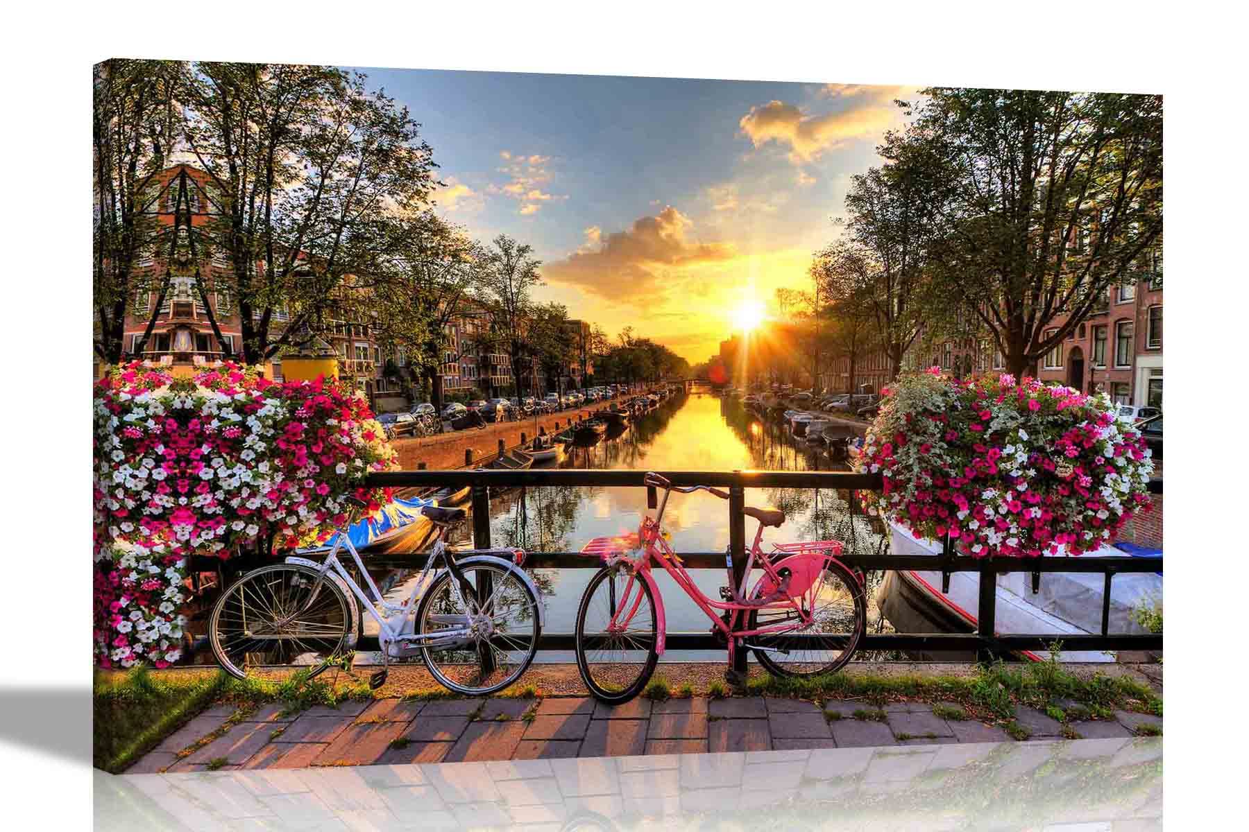 Artley Prints Multicoloured Bicycles On Bridge In Amsterdam Sunrise Canvas Prints Home Decor Wall Art Pictures Office Bedroom Framed City Artwork Extra Large 101 X 76Cm (40 X 30 Inches)
