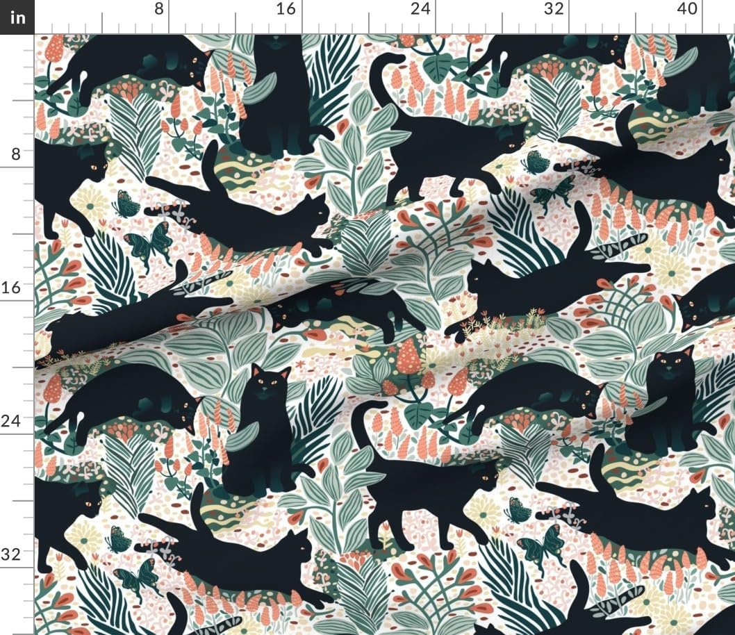 Spoonflower Fabric - Tropical Cats Modern Garden Floral Black Feline Kitten Palm Fronds Printed on Petal Signature Cotton Fabric by The Yard - Sewing Quilting Apparel Crafts Decor