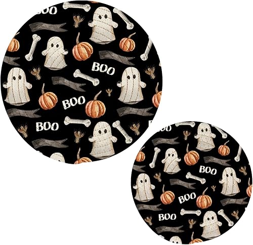 Juego de 2 manteles individuales redondos con diseño de fantasmas y calabazas maduras, con diseño de huesos de Halloween, cuerda de algodón negro,