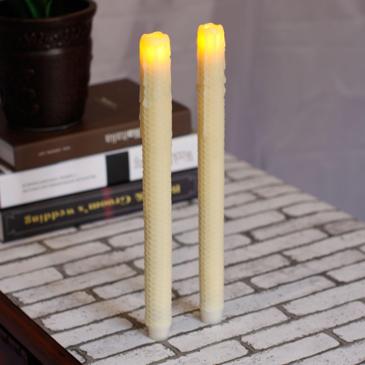 simplux DFL Honeycomb Pattern Dripped Flameless Real Wax Taper Candle (Pack of 2), 12",Ivory
