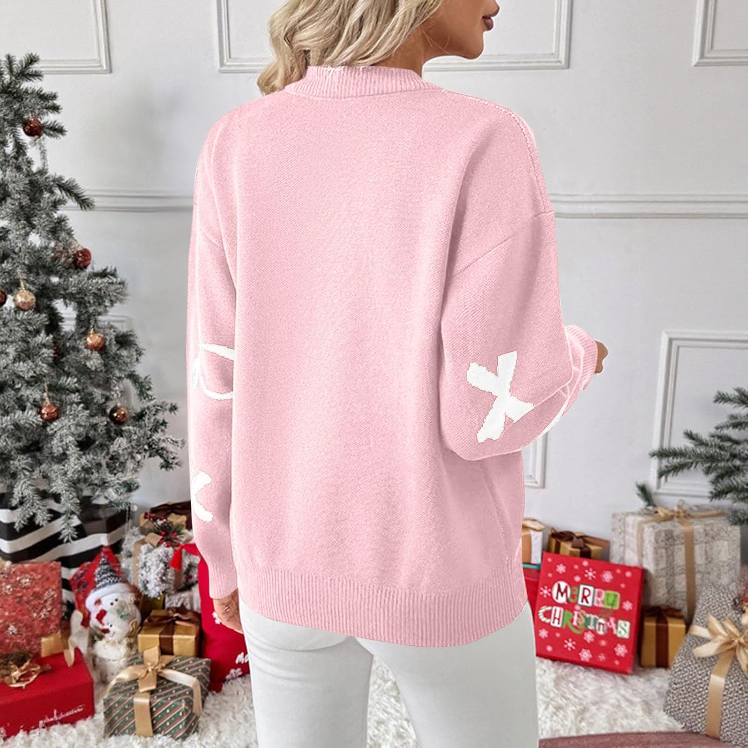 Women's Bow-Tie Plaid Sweater - Sweet Style Embroidered Crew Neck Knit Top, Cozy Pullover Sweaters for Parties