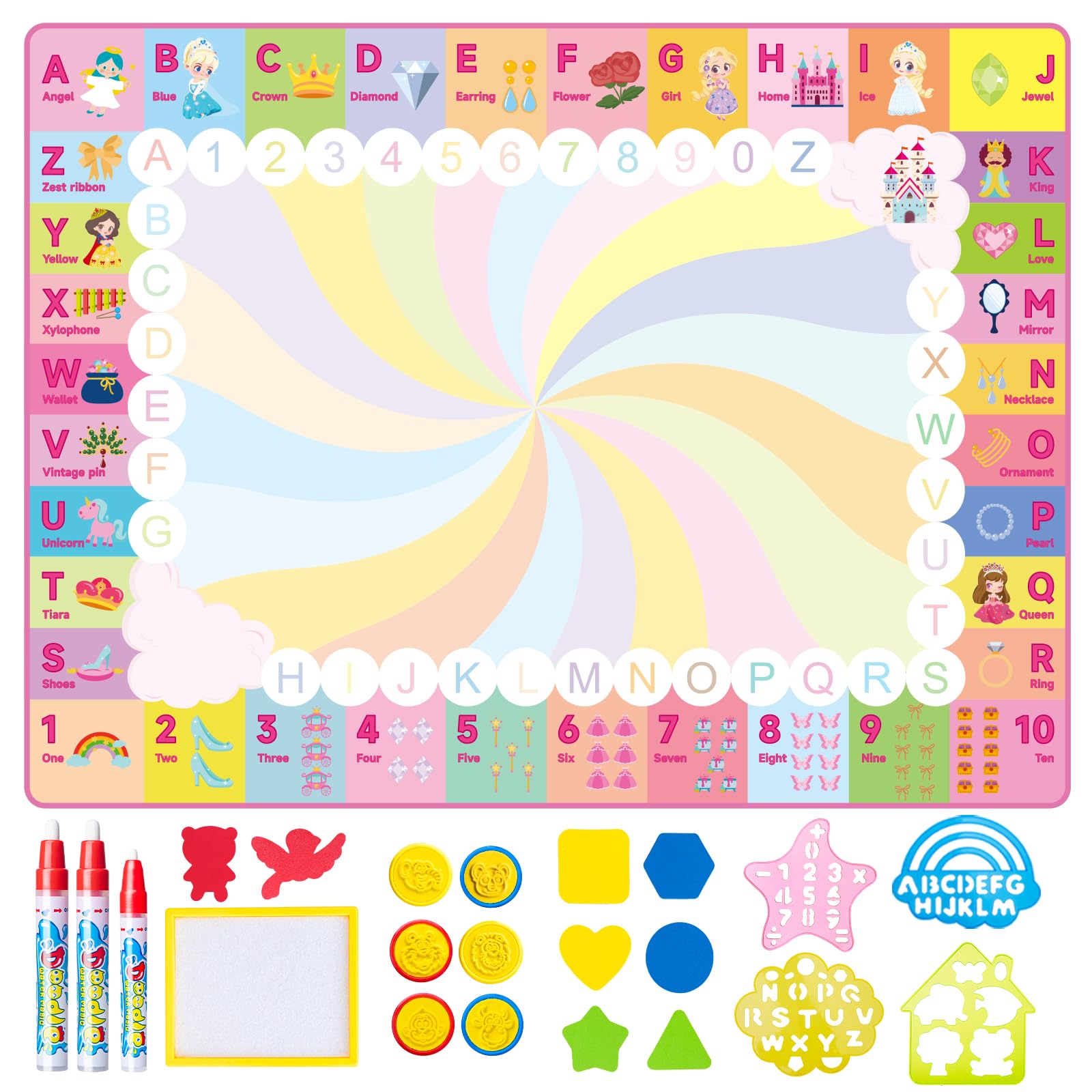 MELAND Water Doodle Mat, No Mess Princess Aqua Drawing Mat with Magic Pens, Stamps for Kids & Toddlers, Educational Toys Girls Birthday Gifts for 3 4 5 6 Years Old — image 1