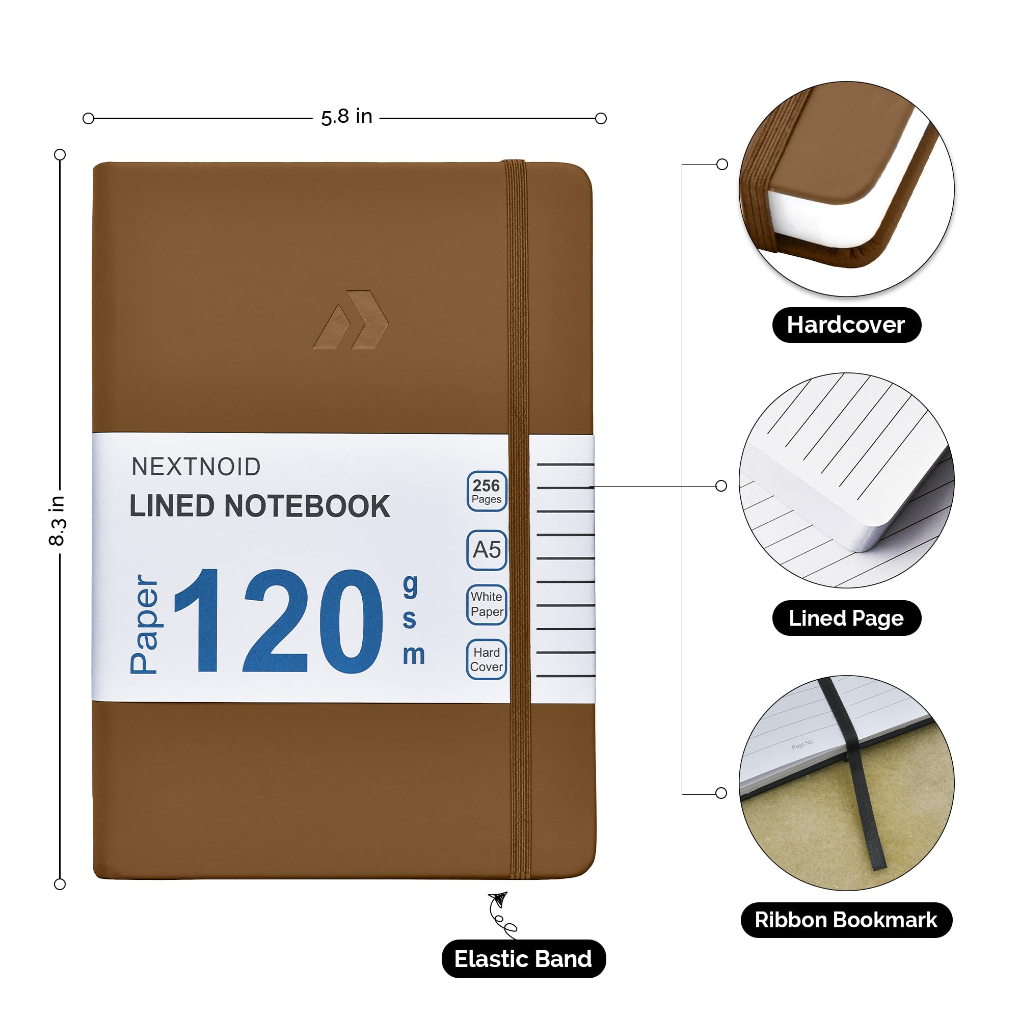 Nextnoid Carnet de notes ligné à couverture rigide – Papier épais de 120 g/m² – Format moyen A5 à 256 pages – Parfait pour écrire, rendre un journal intime et prendre des notes (marron, ligné)