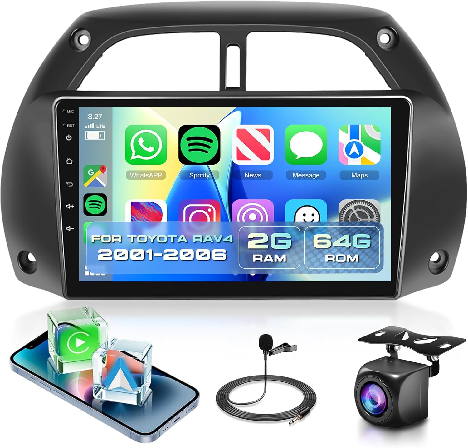 2G+64G Car Radio for Toyota RAV4 2001 2002 2003 2004 2005 2006 with Wireless CarPlay & Android Auto,9'' IPS Touch Screen Car Stereo with Mirror HiFi Audio GPS WiFi Bluetooth SWC HD Backup Camera