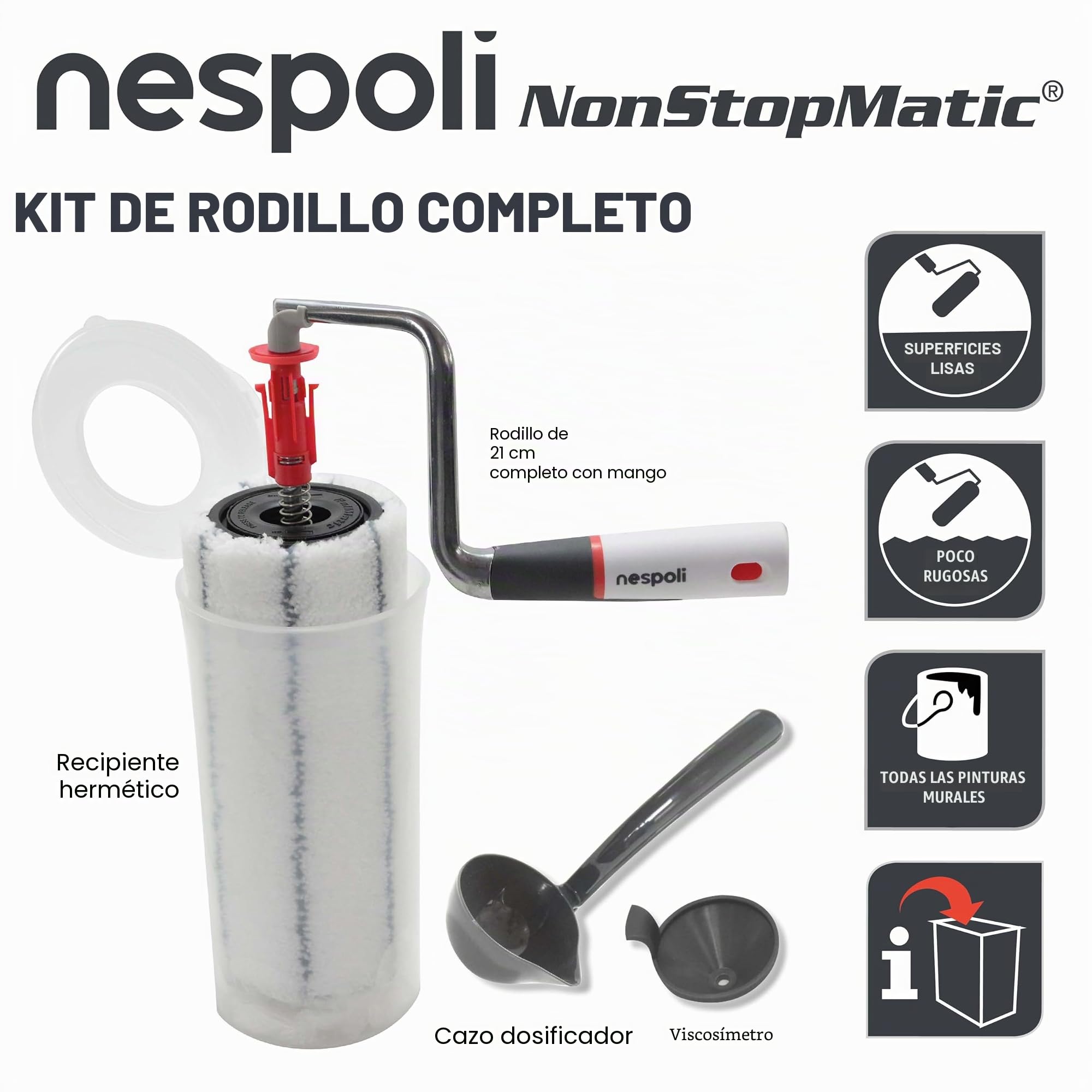 Nespoli Rodillo de Pintura, 21 cm, con Sistema NonStopMatic, con Reserva de Pintura Integrada y Mecanismo de Desbloqueo Automático