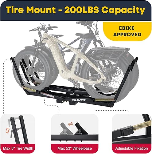 Miniatura 3 de Plataforma 2 - Portabicicletas eléctricas, portabicicletas con bloqueo de 2 brazos de bandeja, capacidad de 200 libras para bicicletas de neumáticos