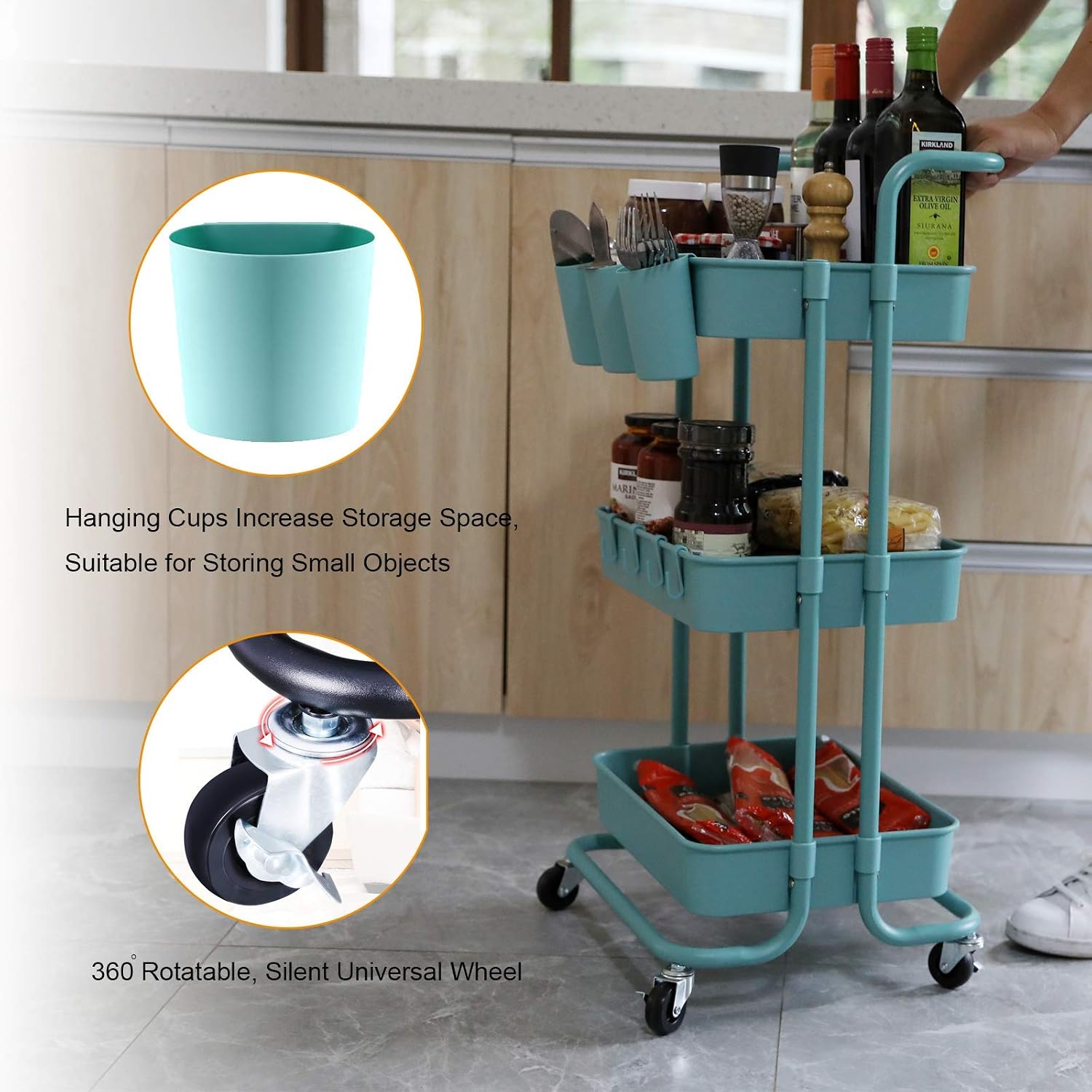 VARMHUS 3-Tier Rolling Utility Cart, Multifunction Storage Cart with Wheels,Easy Assembly Craft Art Rolling Utility Cart for Kitchen, Bathroom, Office, Coffee Bar (Blue)