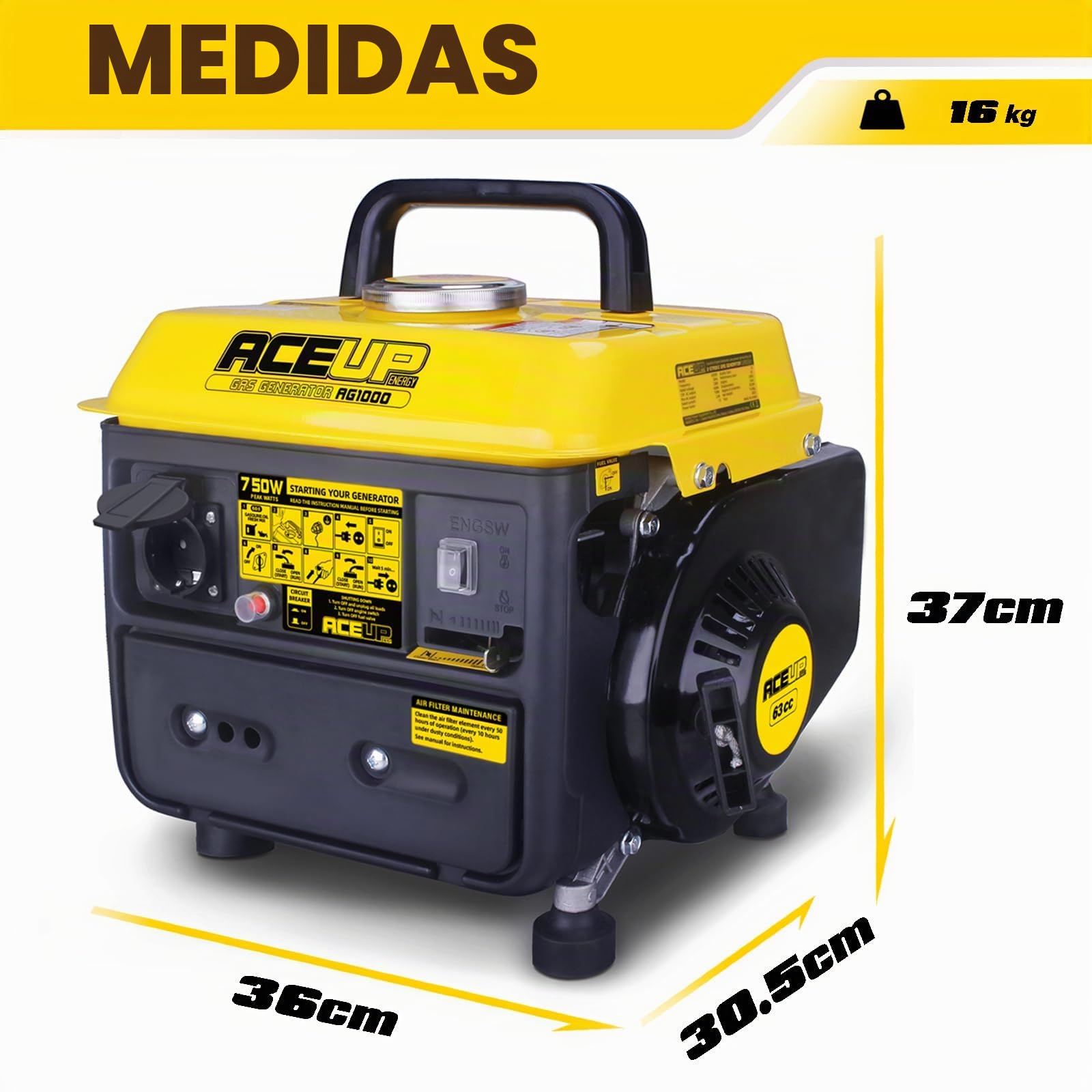 Aceup Energy - Generador eléctrico a gasolina con toma de corriente de 230 V, 750 W