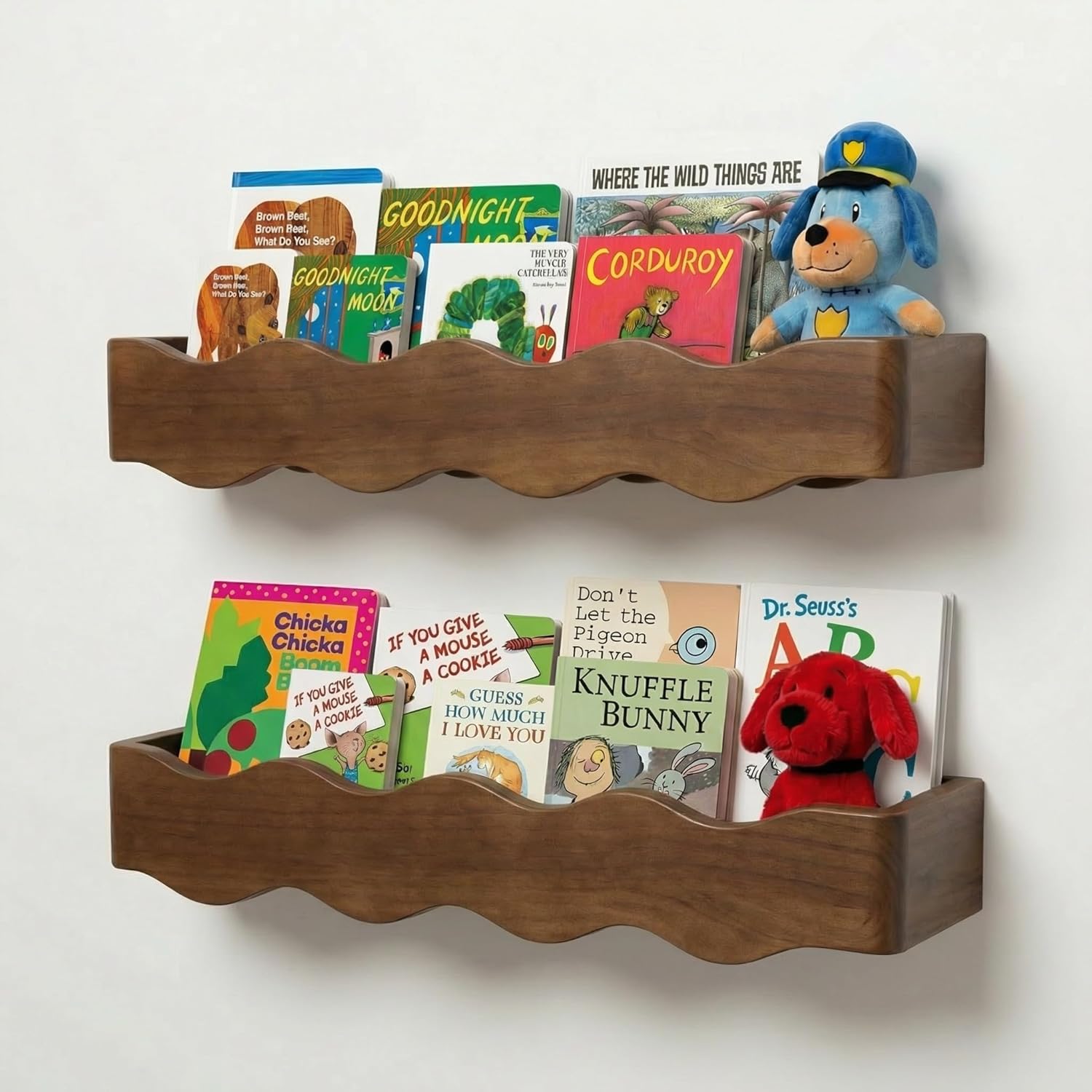 Ovalo Nursery Book Shelves Set of 2 - Solid Pine Wood Nursery Bookshelf, Floating Nursery Shelves for Wall, Wall Bookshelf for Kids Room, No-Assembly Wall Mounted Baby Book Shelf. (Walnut Brown)