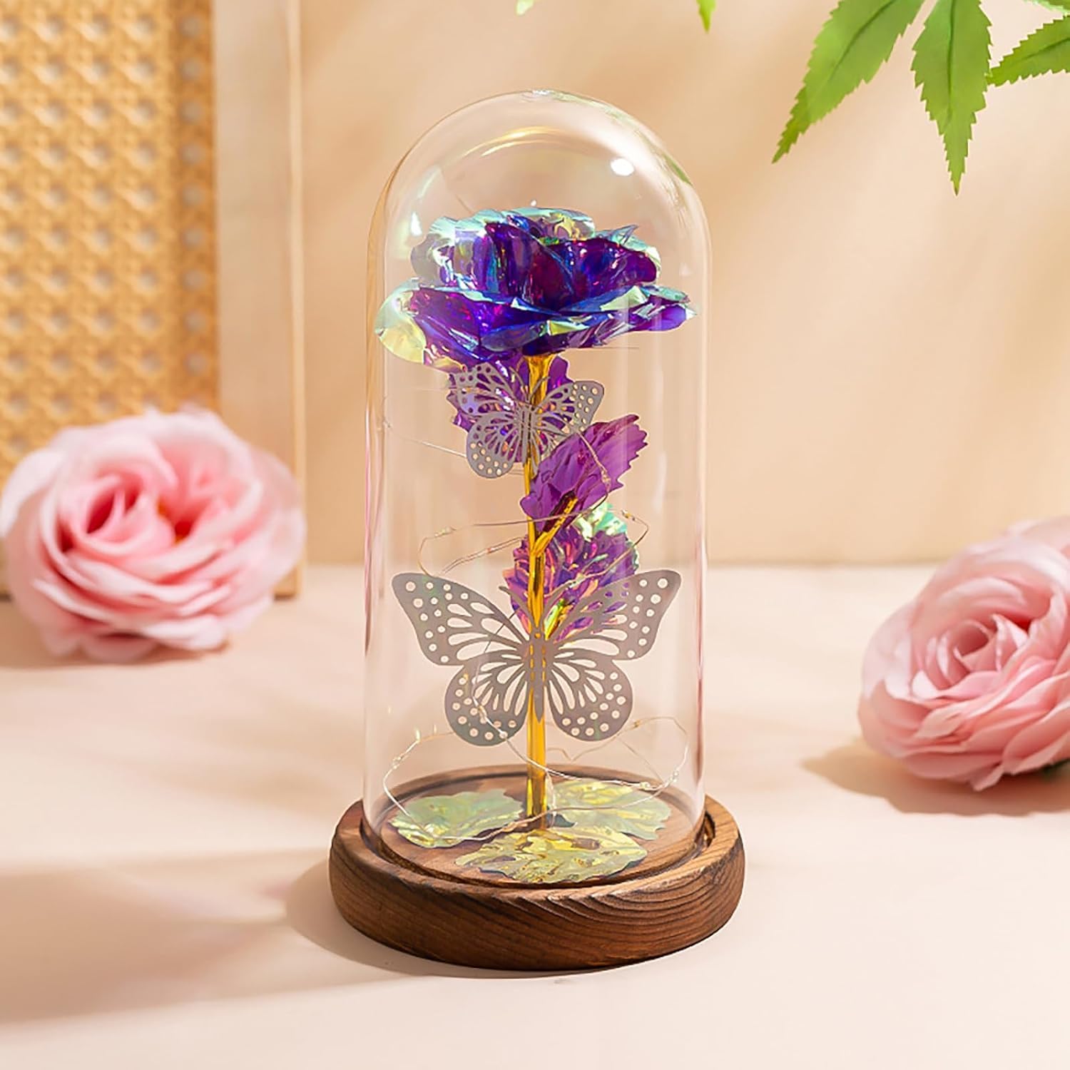 Gifts for Her,Galaxy Forever Rose Gifts for Mom Mother's Day,Eternal Gold Foil Rose and 2 Butterflies in Glass Dome, Artificial Preserved Rose Birthday Gift for Mother(Colorful Gold Purple)