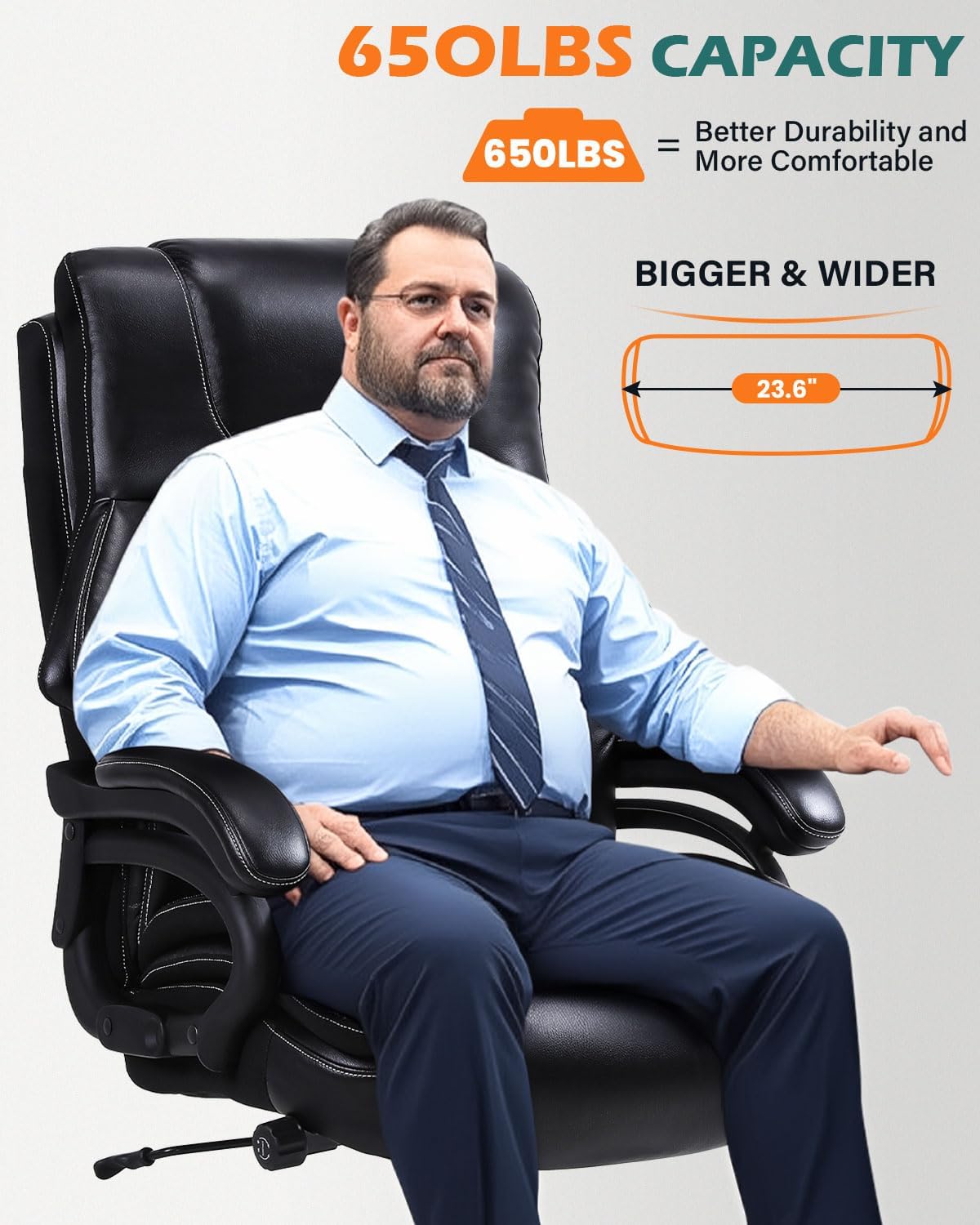 BOSMILLER 650lbs Large Big and Tall Office Chair for Heavy People with Adjustment Lumbar Support, Comfy Padded Heavy Duty Leather Executive Office Chair with Quiet Rubber for Adults 8 Hours Daliy Work - Image 3