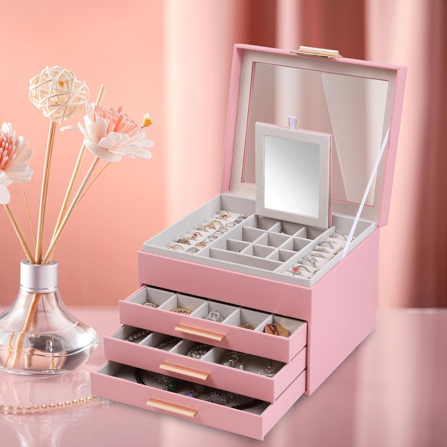 BOOVO Clear Lid Jewelry Box,4 Layers Jewelry Organizer Large Jewelry Storage Box with 3 Drawers,Jewelry Holder Organzier of Rings Earrings Necklace Bracelets for Women (Pink, 4 Layer) - Image 7