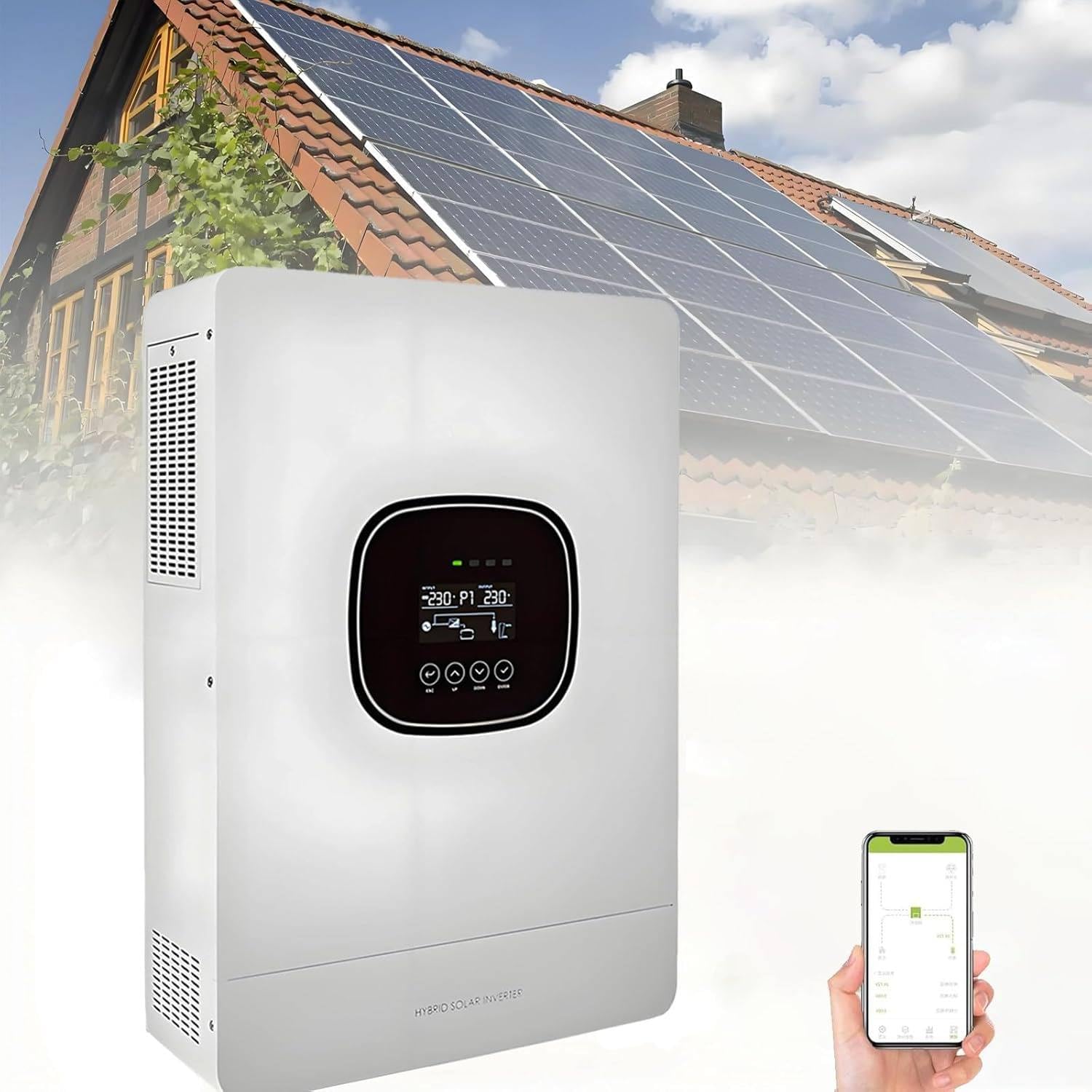 5.0KW Inversor Solar Híbrido con Cargador, Inversor Solar Híbrido Todo En Uno, Eficiencia De Seguimiento 99.5%, Funciona con 48V Litio, Soporta 9 Inversores En Paralelo, Plomo-Ácido, Etc