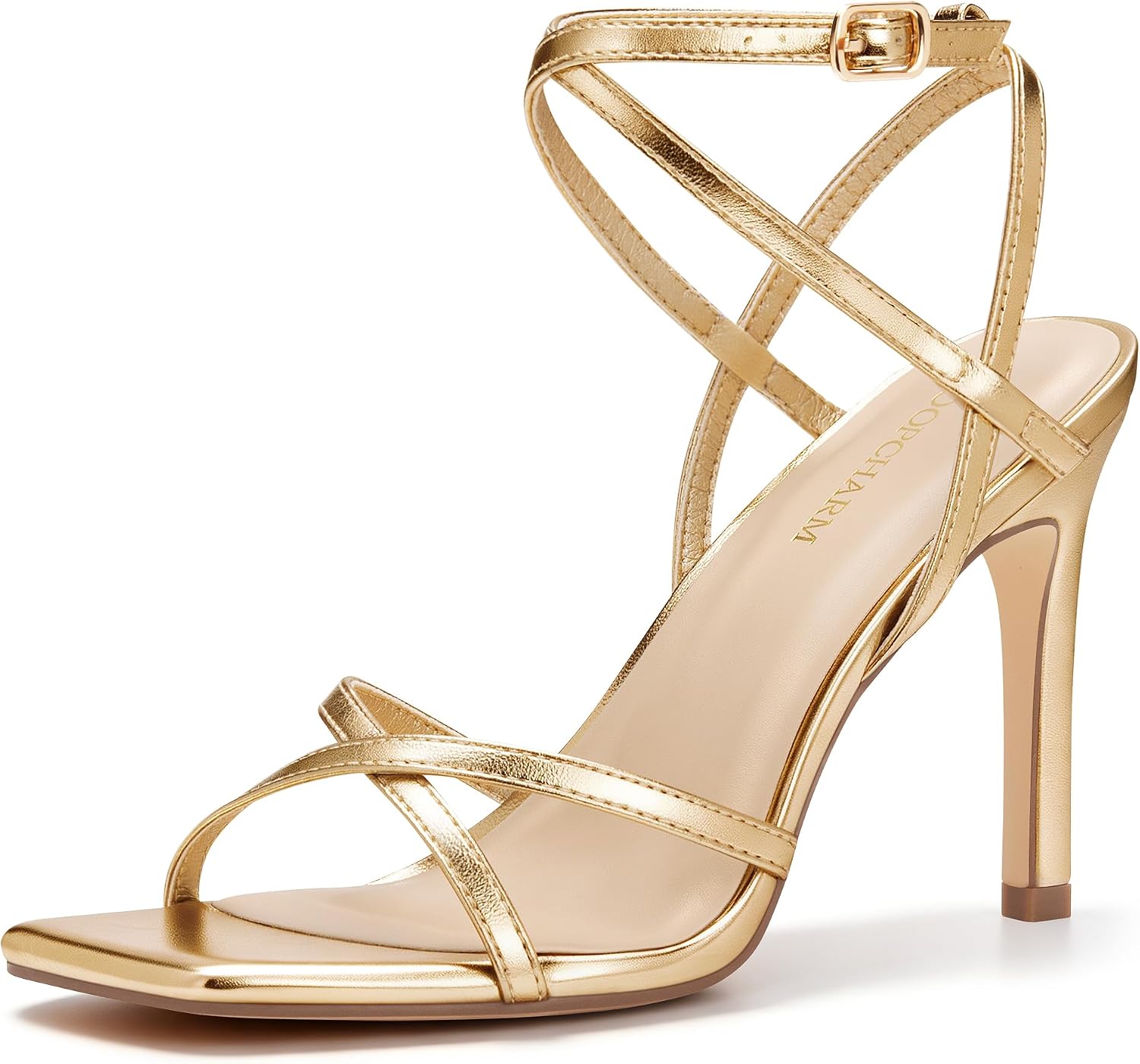 Women's Strappy Stiletto Heels 3.75 Inch Square Toe High Heel Sandals with Adjustable Ankle Wrap Party Shoes for Wedding Events