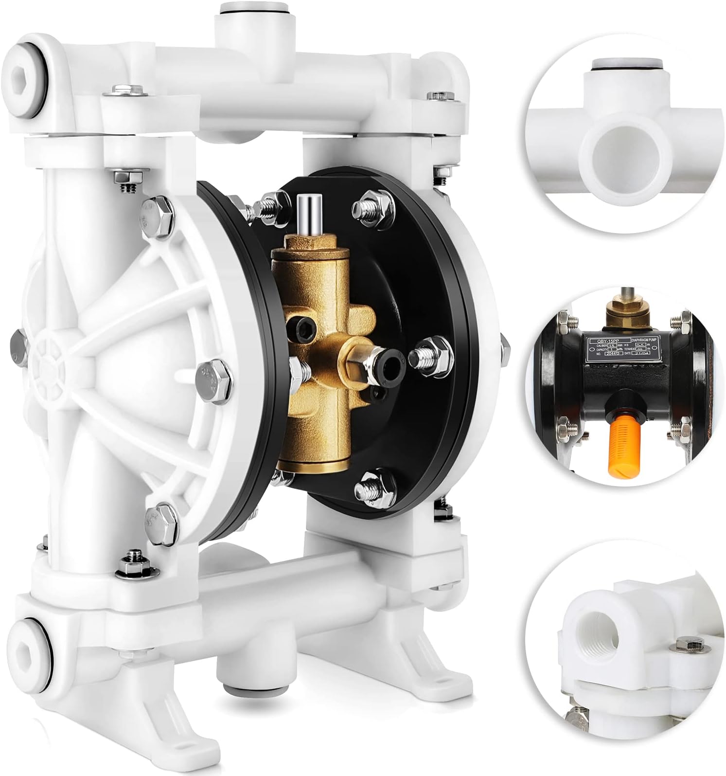 Air Operated Double Diaphragm Pump QBK-15 1/2 inch Outlet 12 GPM Pneumatic Transfer Max 115 PSI Industrial Use for Chemical Waste Oil Dual Dissepiment PTFE Nitrile Rubber by Cast Iron Aluminum Alloy