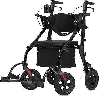 ELENKER All Terrain Rollator Walker Transport Wheelchair Combo, 2 in 1 Rolling Walker with Padded Seat and Wide Backrest, Black