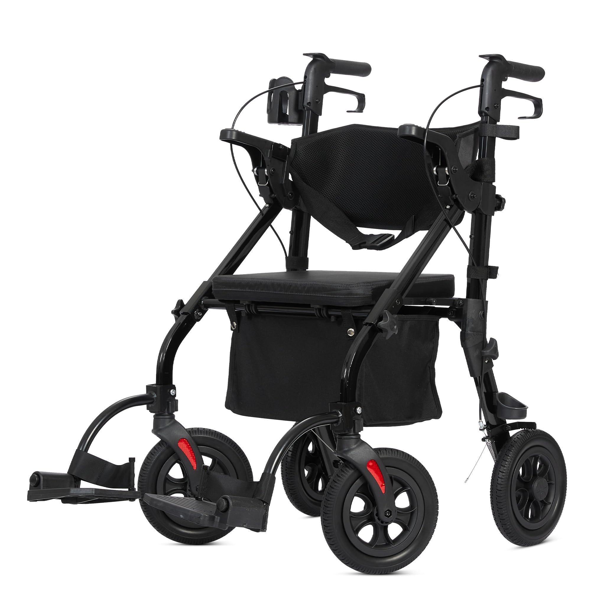 ELENKER All Terrain Rollator Walker Transport Wheelchair Combo, 2 in 1 Rolling Walker with Padded Seat and Wide Backrest, Black