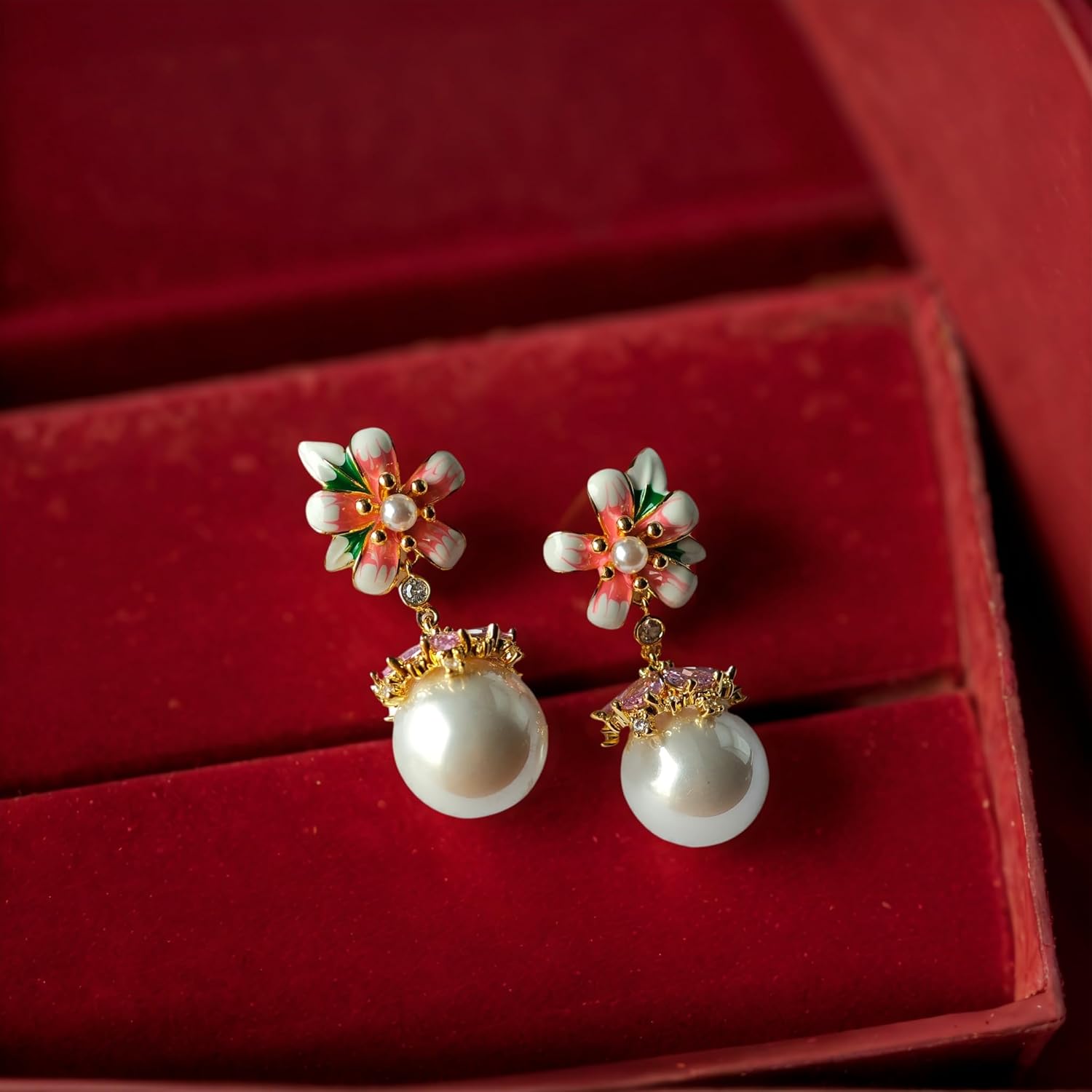 18K Gold Plated Floral Pearl Drop Earrings for Women, Peach Flower Dangle Earrings with Pink Crystals, Lightweight Hand-Painted Enamel Jewelry Gift for Girlfriend, Wife