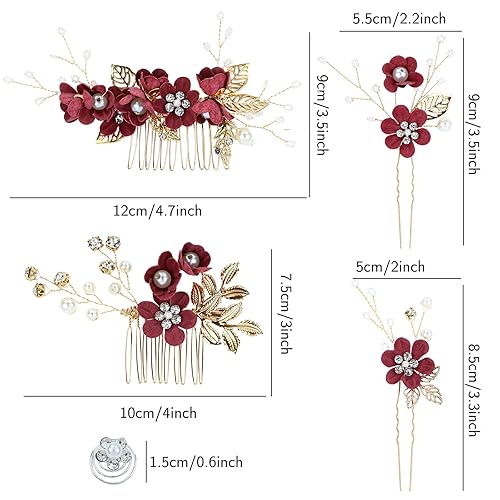 Miniatura 4 de Cinaci 18 piezas para novia, boda, fiesta, graduación, perlas, diamantes de imitación, color burdeos, flores, peines laterales,