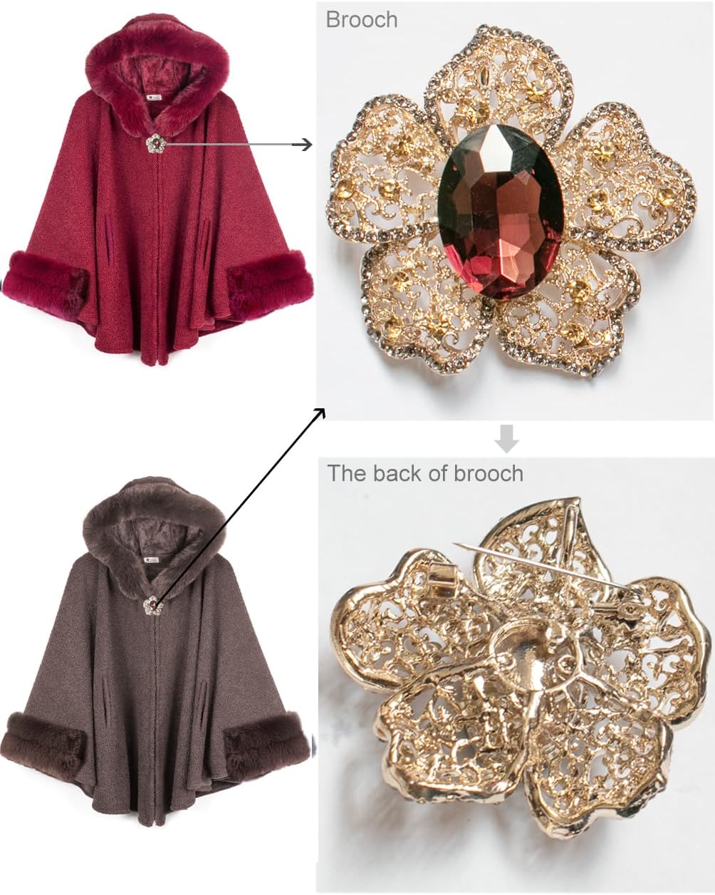 Dahlia Women’s Winter Cape Coat, Luxurious Faux Fur Trim, Fleece Lined Hooded Cloak Style Elegant Poncho Cape - Image 6