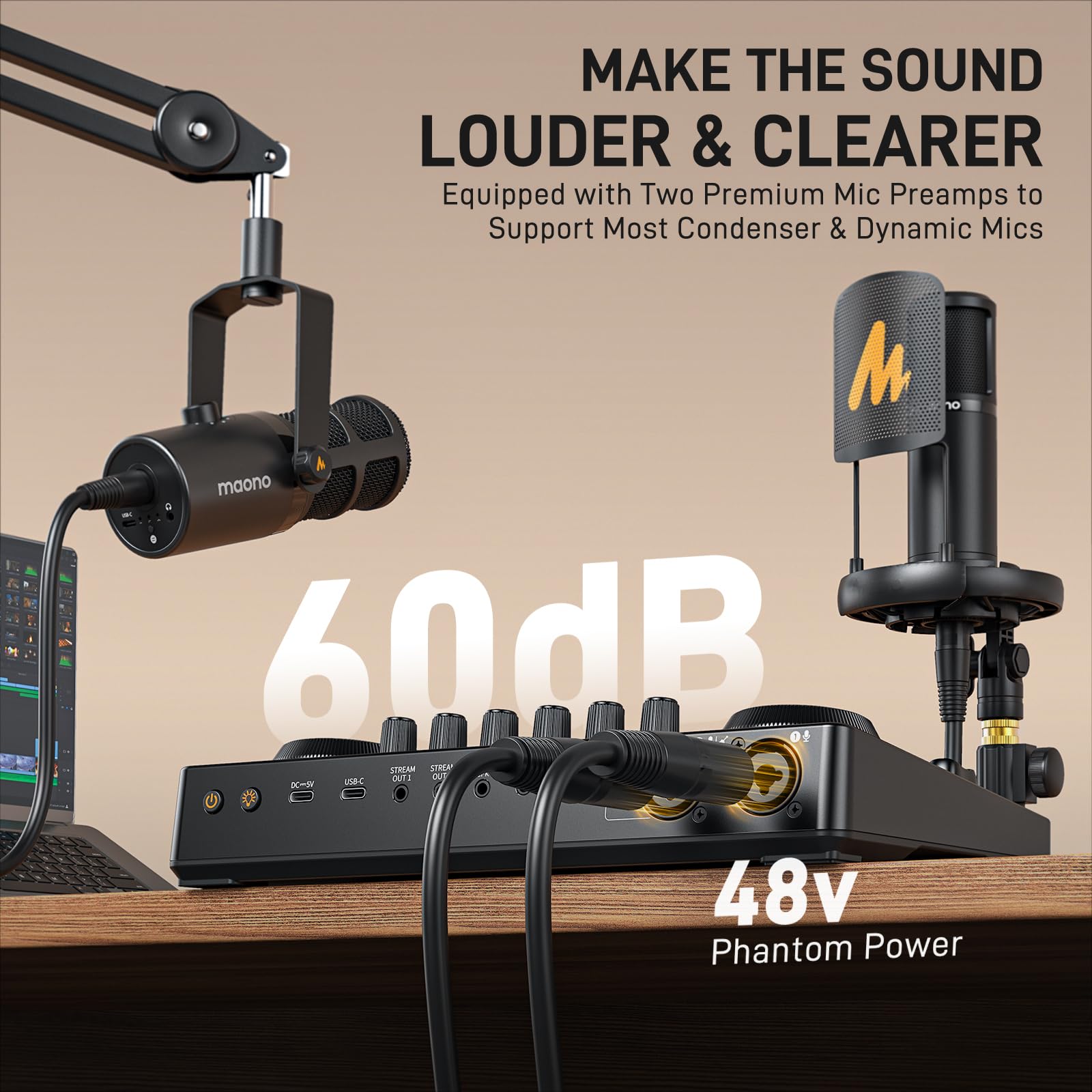 MAONO Audio interface pour pc, Table de mixage avec double entrée XLR pour le streaming de podcast - MaonoCaster E2 Gen2