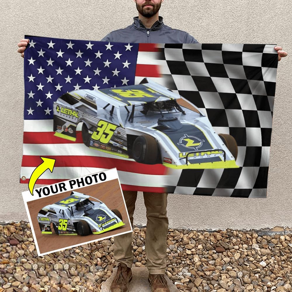 Dirt Track Racing Personalized Photo American Checkered Flag For Dirt Late Model Lovers, Street Stock Car, Sprint Car, Go Kart Karting Racing, Dirt Track Racing Decor, Gifts For Men, Accessories (BK505)