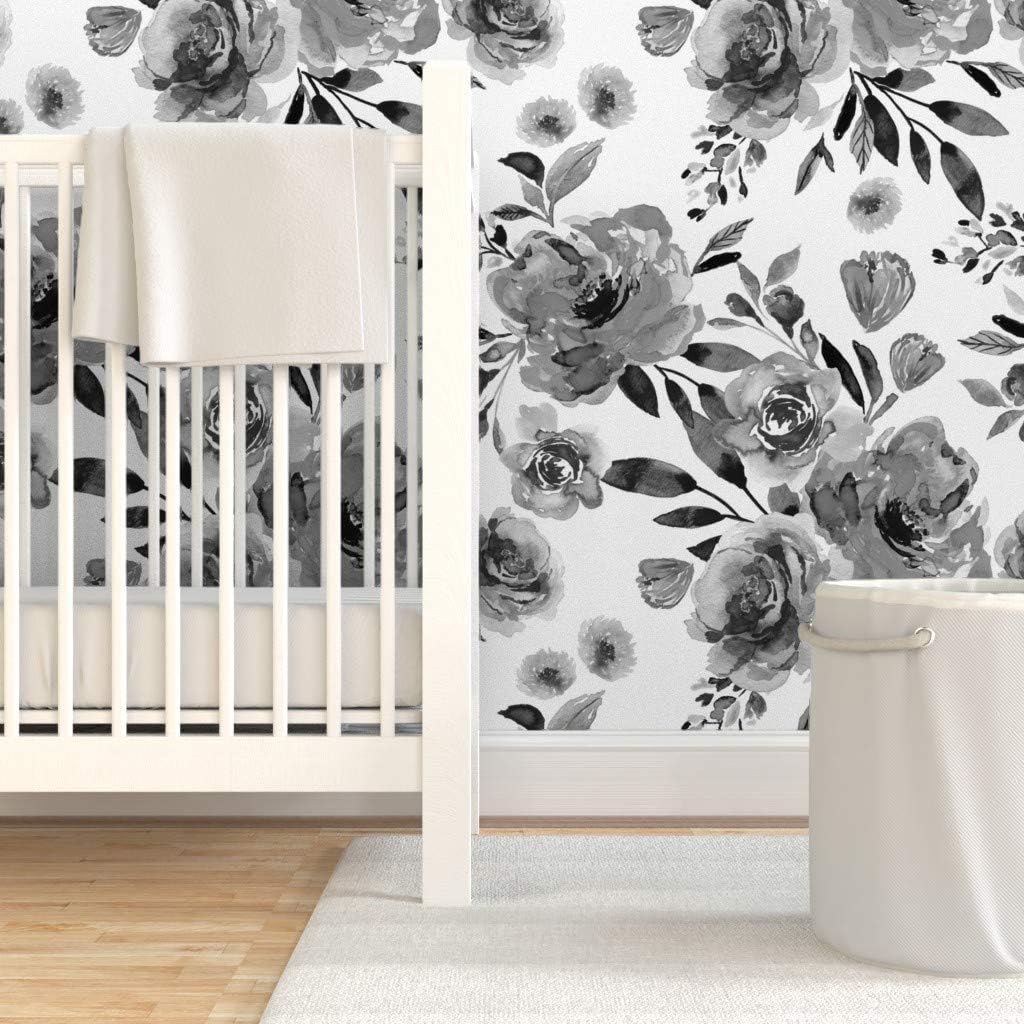 Removable Wallpaper 6ft x 2ft - Farmhouse Field Florals Black White Farm House Bloom Custom Pre-Pasted Wallpaper by Spoonflower