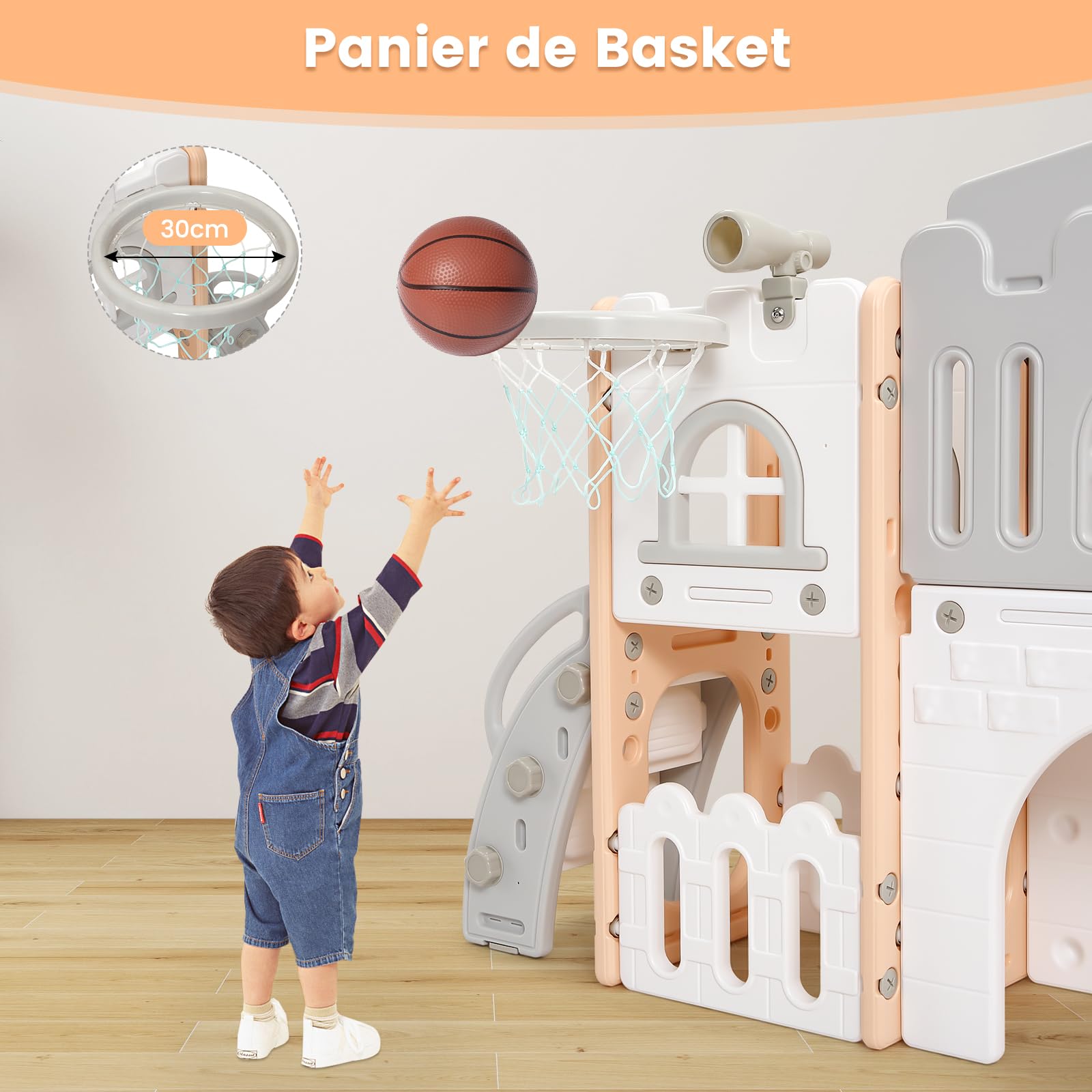 Toboggan 8 en 1 Enfant Extérieur Intérieur Aire De Jeux Évolutif Bébé 1-3 Ans，avec Espace De Cache-Cache, Échelle d'escalade Panier De Basket, Télescope Tunnel De Jeu Ensemble De Jeux Ludique