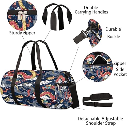 Miniatura 6 de Bolsa de lona de dragón chino con correa de hombro desmontable, bolsa de gimnasio deportiva para estudiantes, 17.6 x 9 x 9 pulgadas para niñas,